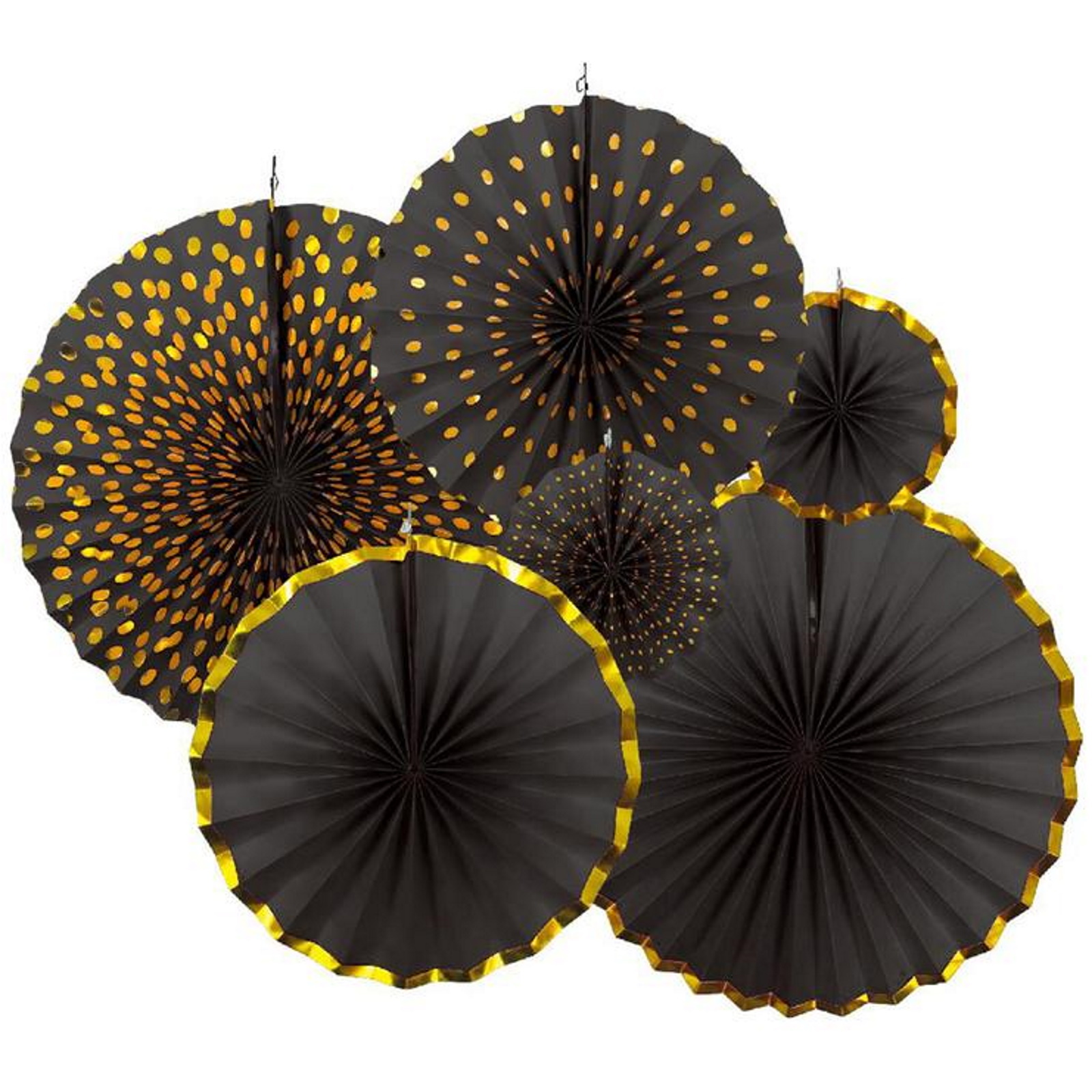 Black and Gold Paper Fan Decorations (Pack of 6)