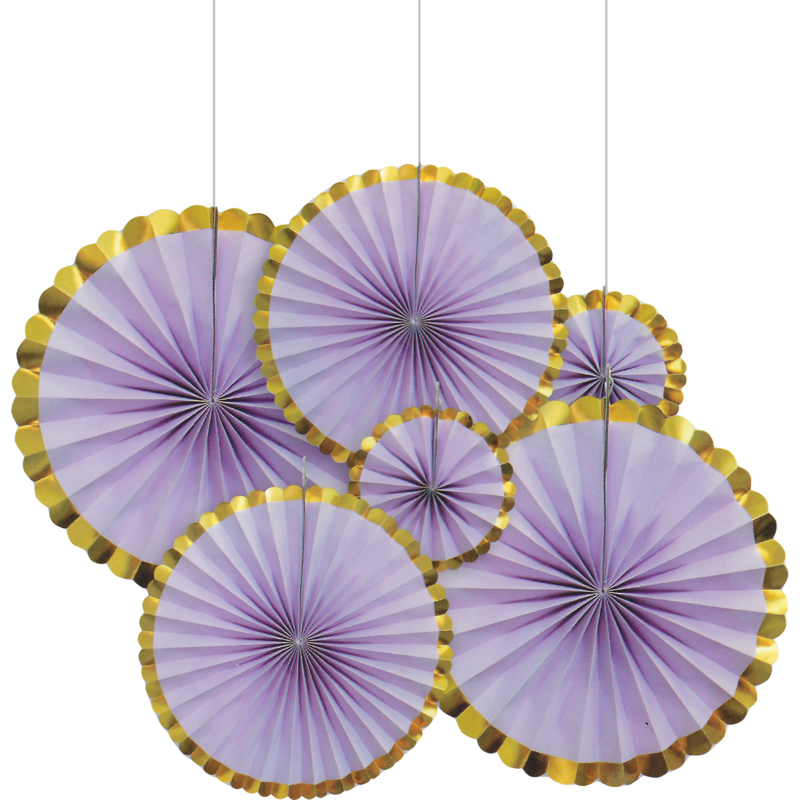 Lilac and Gold Paper Fan Decorations (Pack of 6)
