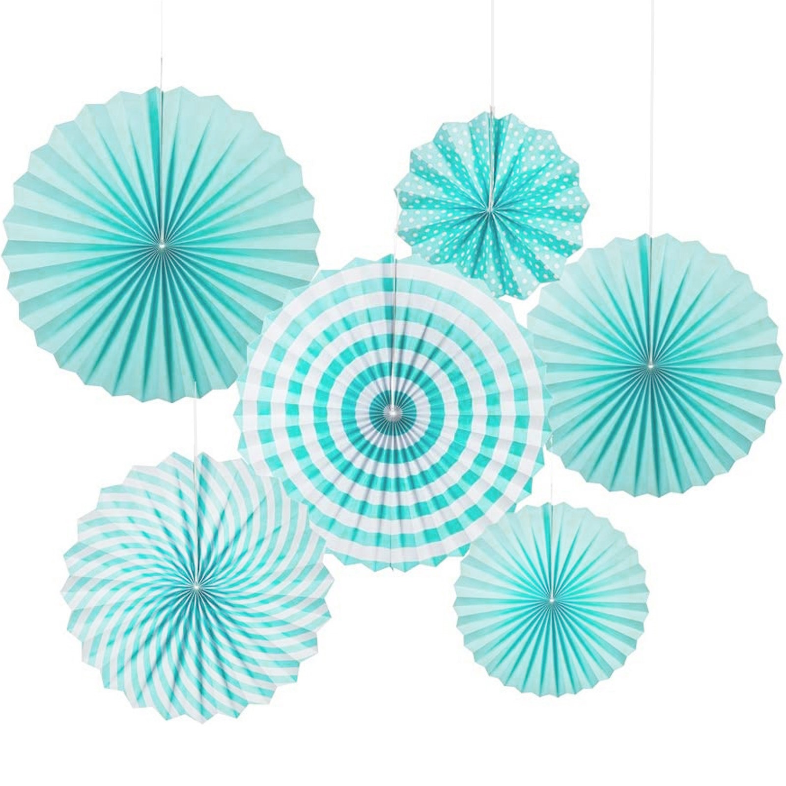 Pastel Aqua Blue Polka Dot & Stripe Paper Fans (Pack of 6)