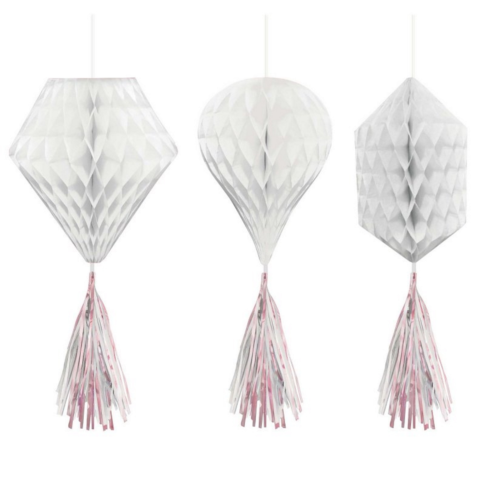 White Tissue Paper Honeycomb Iridescent Tassel Decorations (Pack of 3)