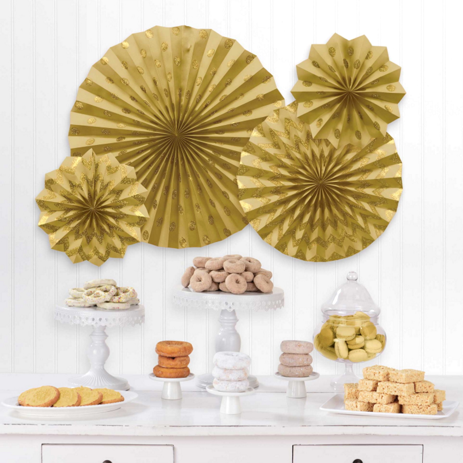 Gold Glitter Polka Dot & Chevron Paper Fan Decorations (Pack of 4)