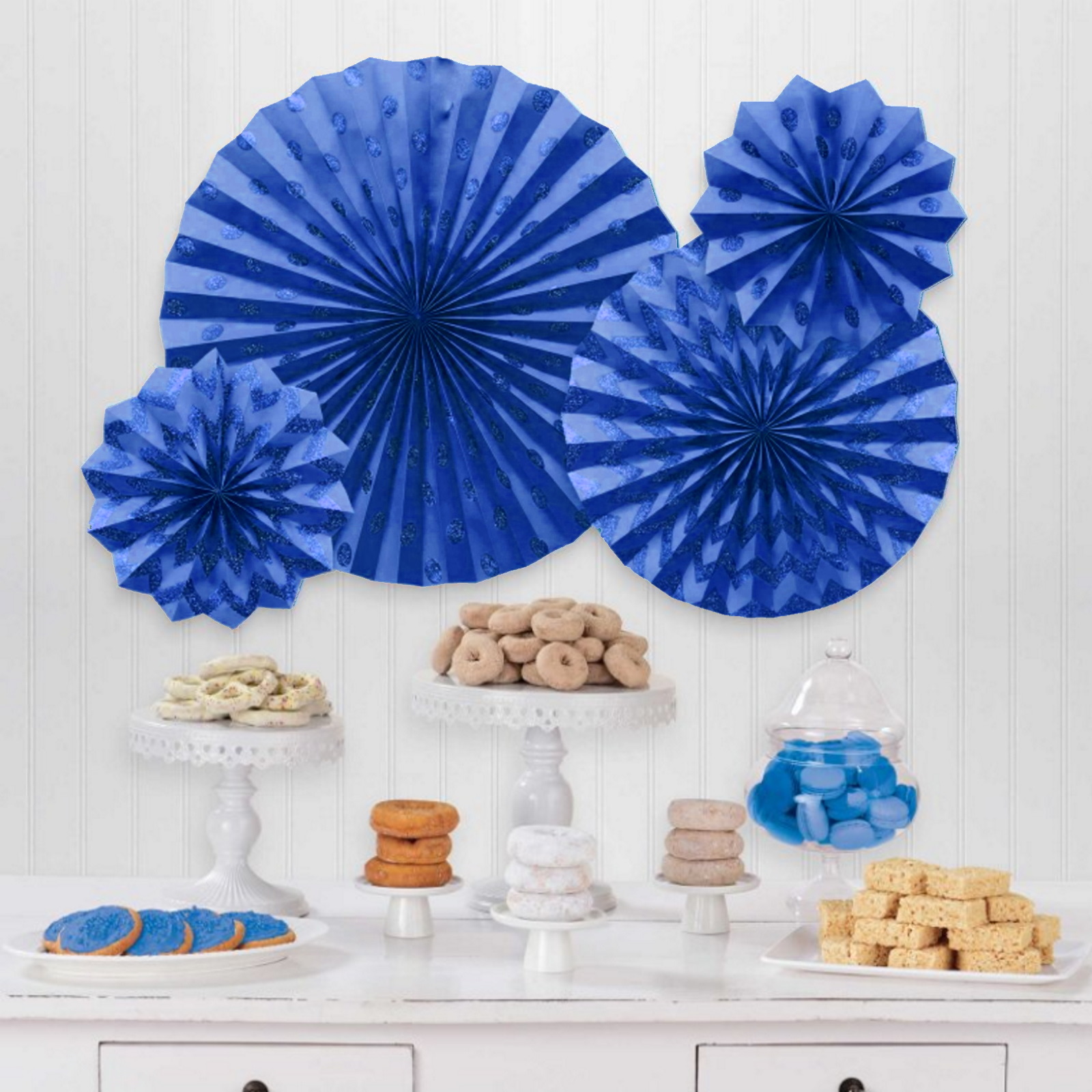 Blue Glitter Polka Dot & Chevron Paper Fan Decorations (Pack of 4)