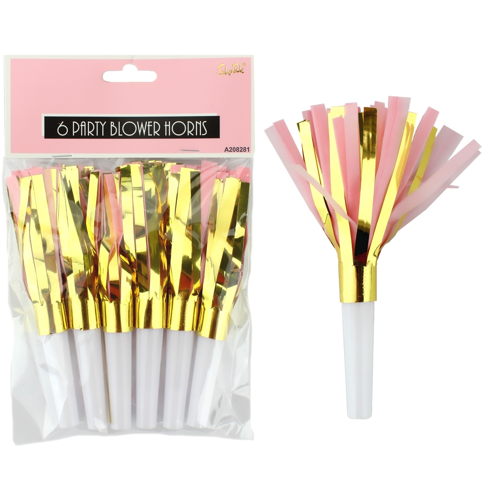 Pastel Pink and Gold Foil Party Blowers (Pack of 6)