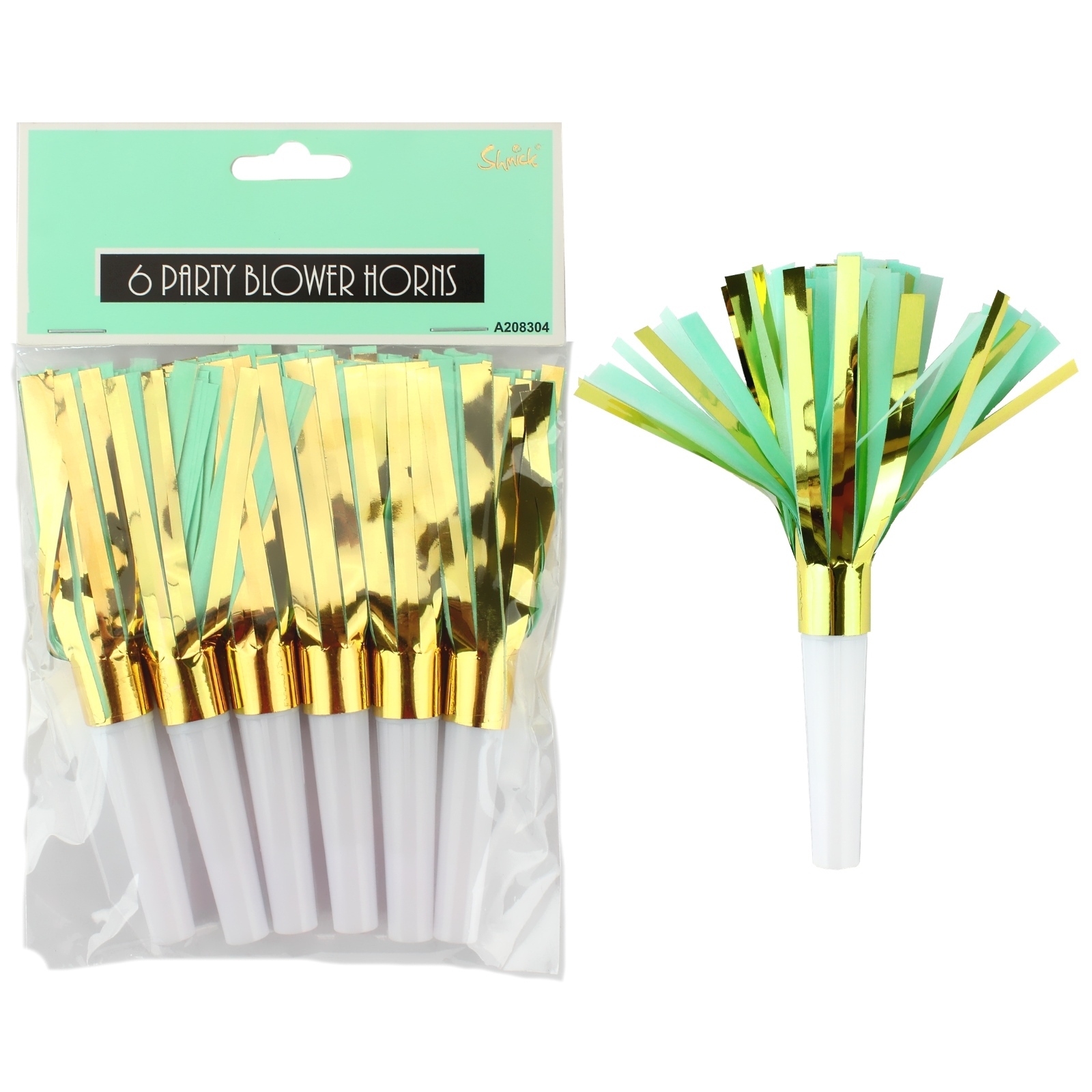 Pastel Mint Green and Gold Foil Party Blowers (Pack of 6)