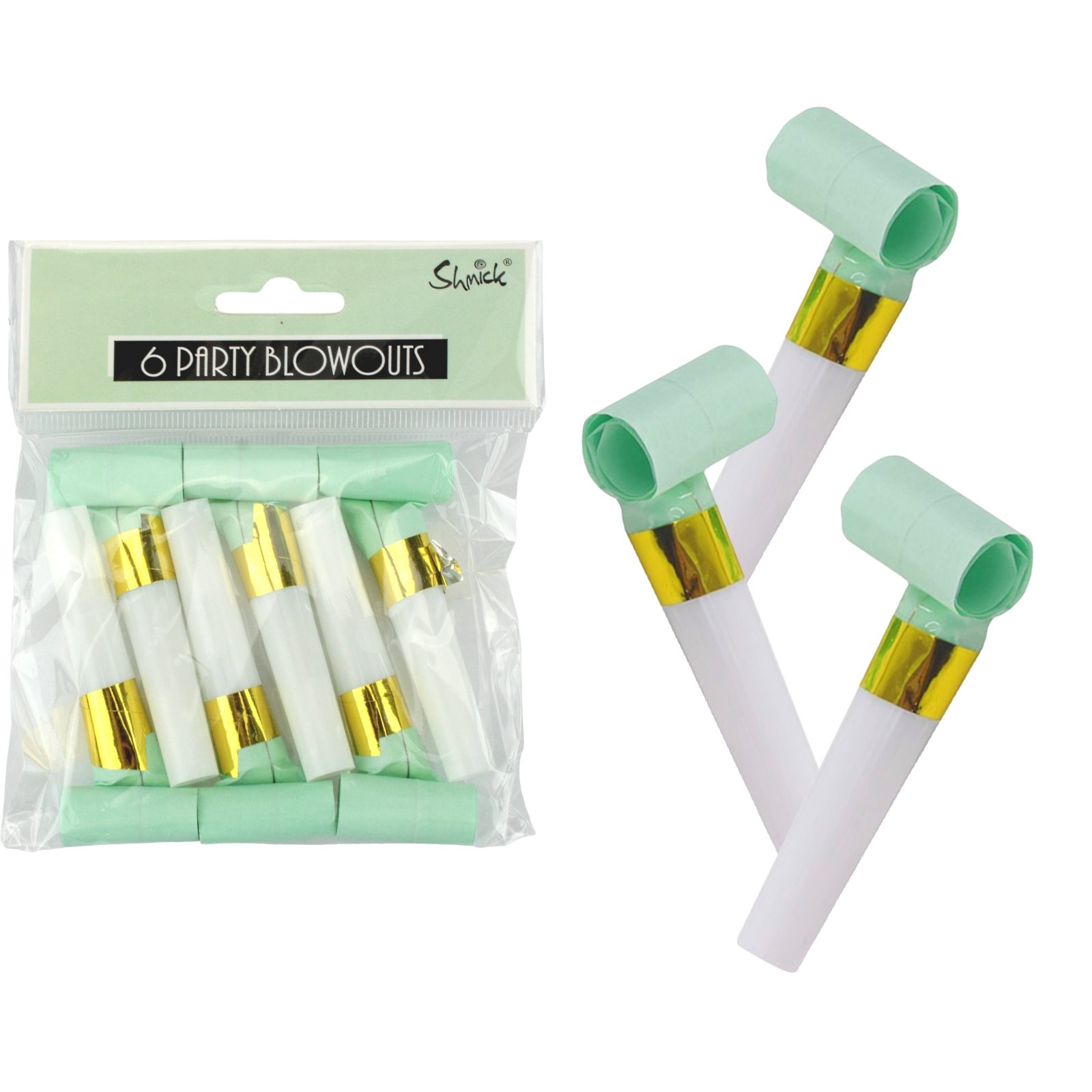 Mint Green and Gold Foil Party Blowers (Pack of 6)