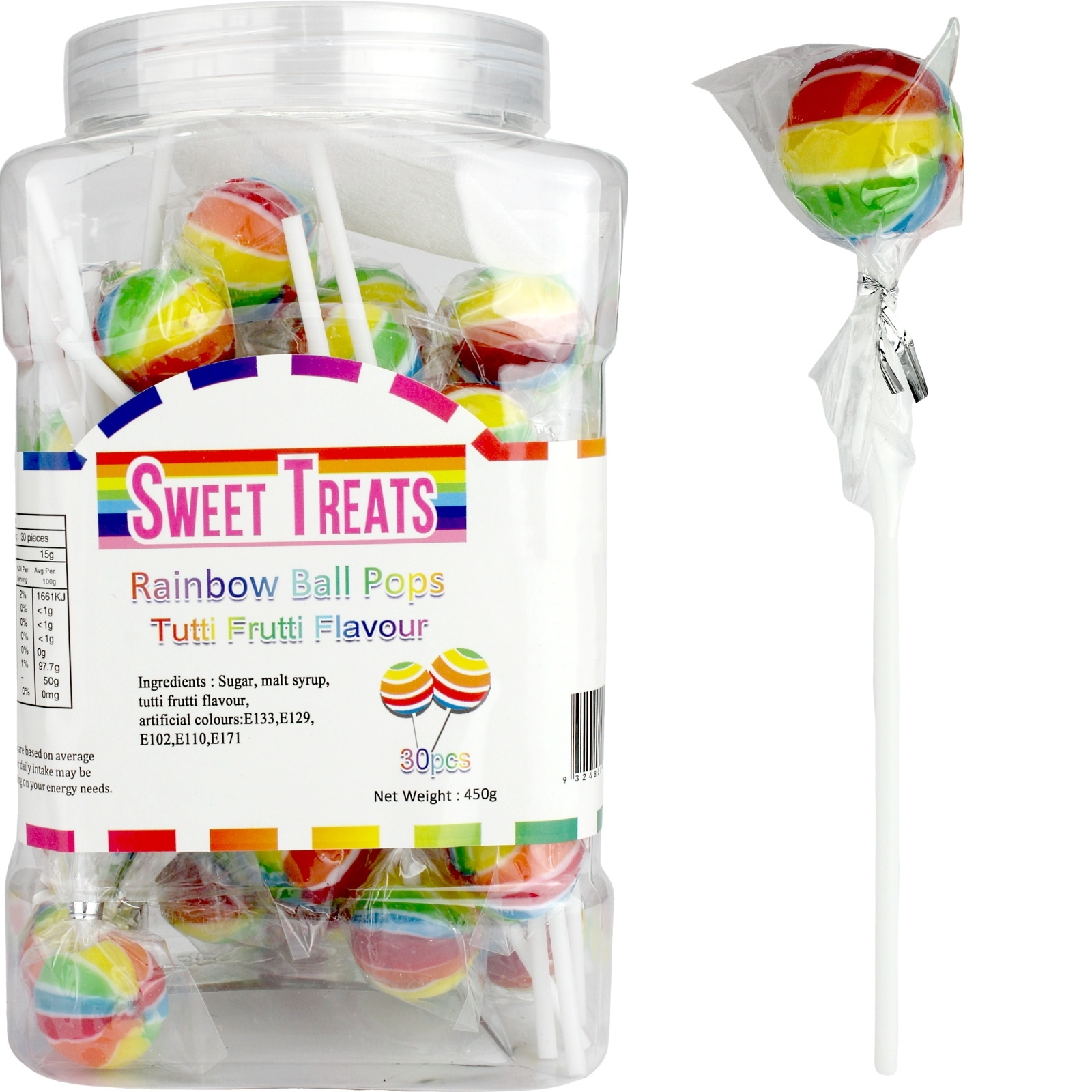 Rainbow Striped Ball Lollipops (Pack of 30)