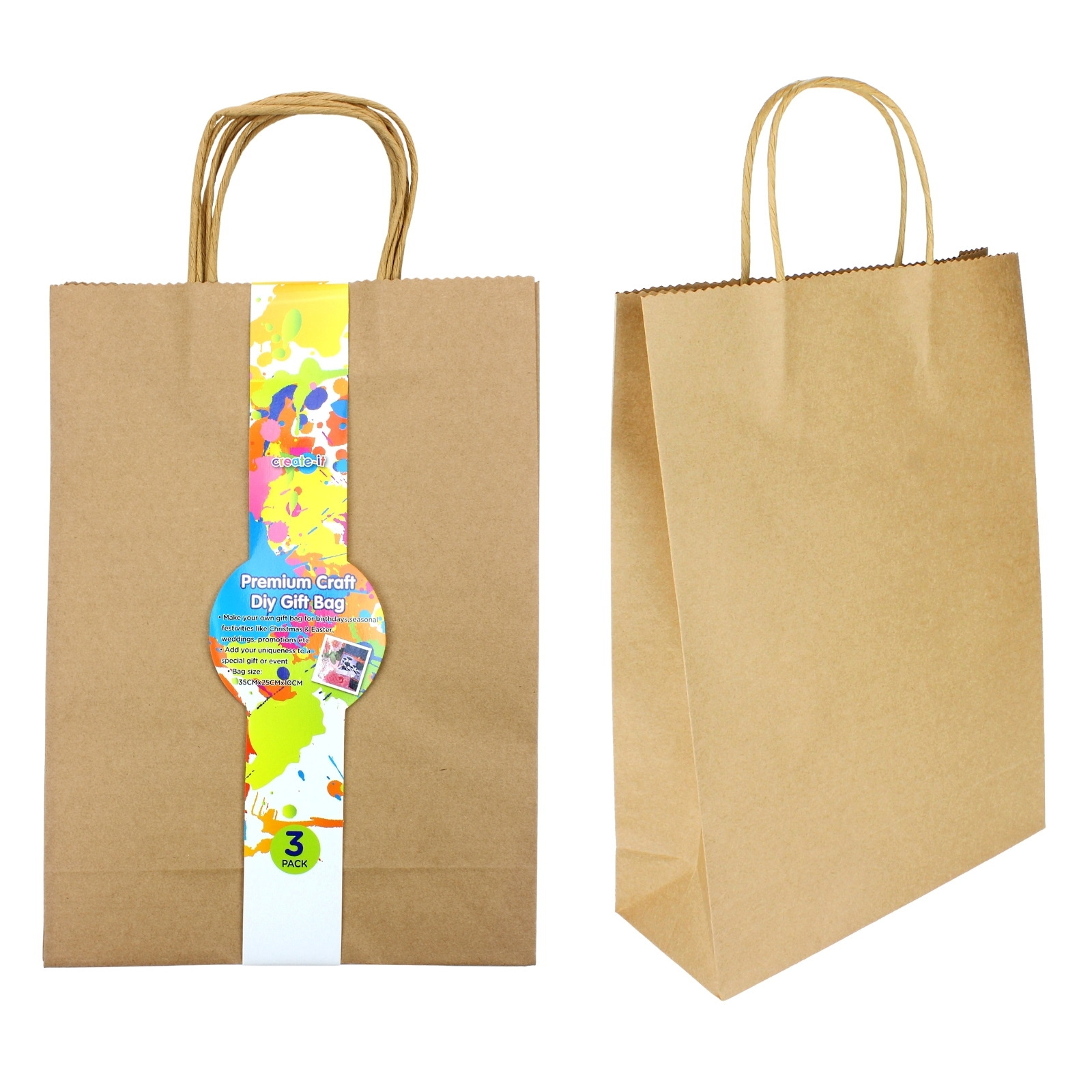 Brown Kraft Paper Gift Bags 35cm x 25cm x 10cm (Pack of 3)