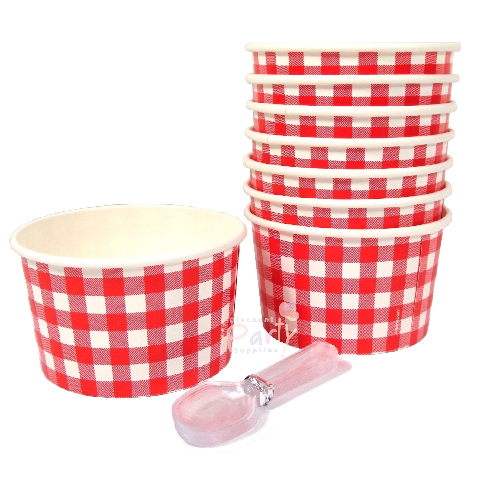 Red Gingham Snack Cups and Spoons (Set of 8)