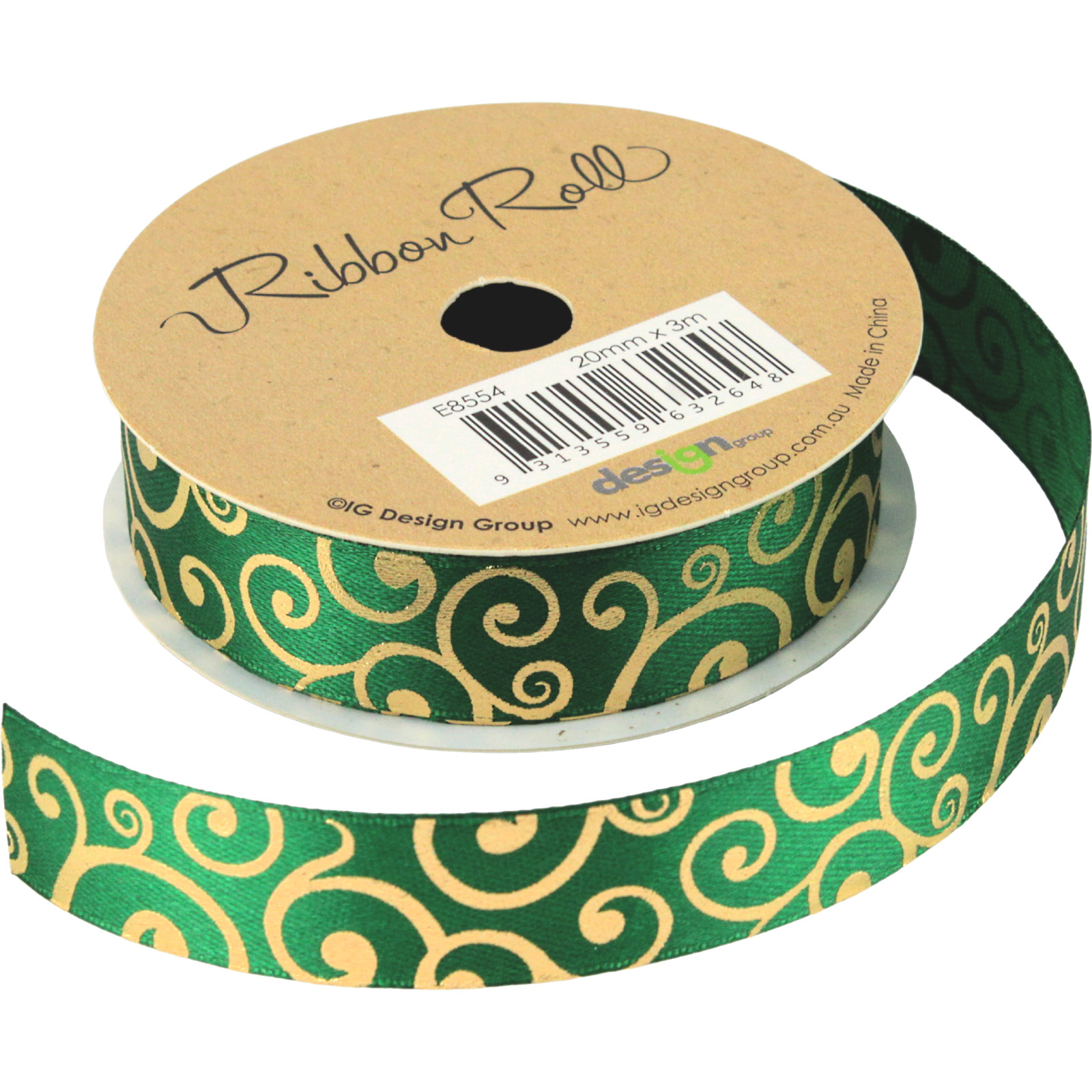 Green Ribbon with Gold Swirls (3m)