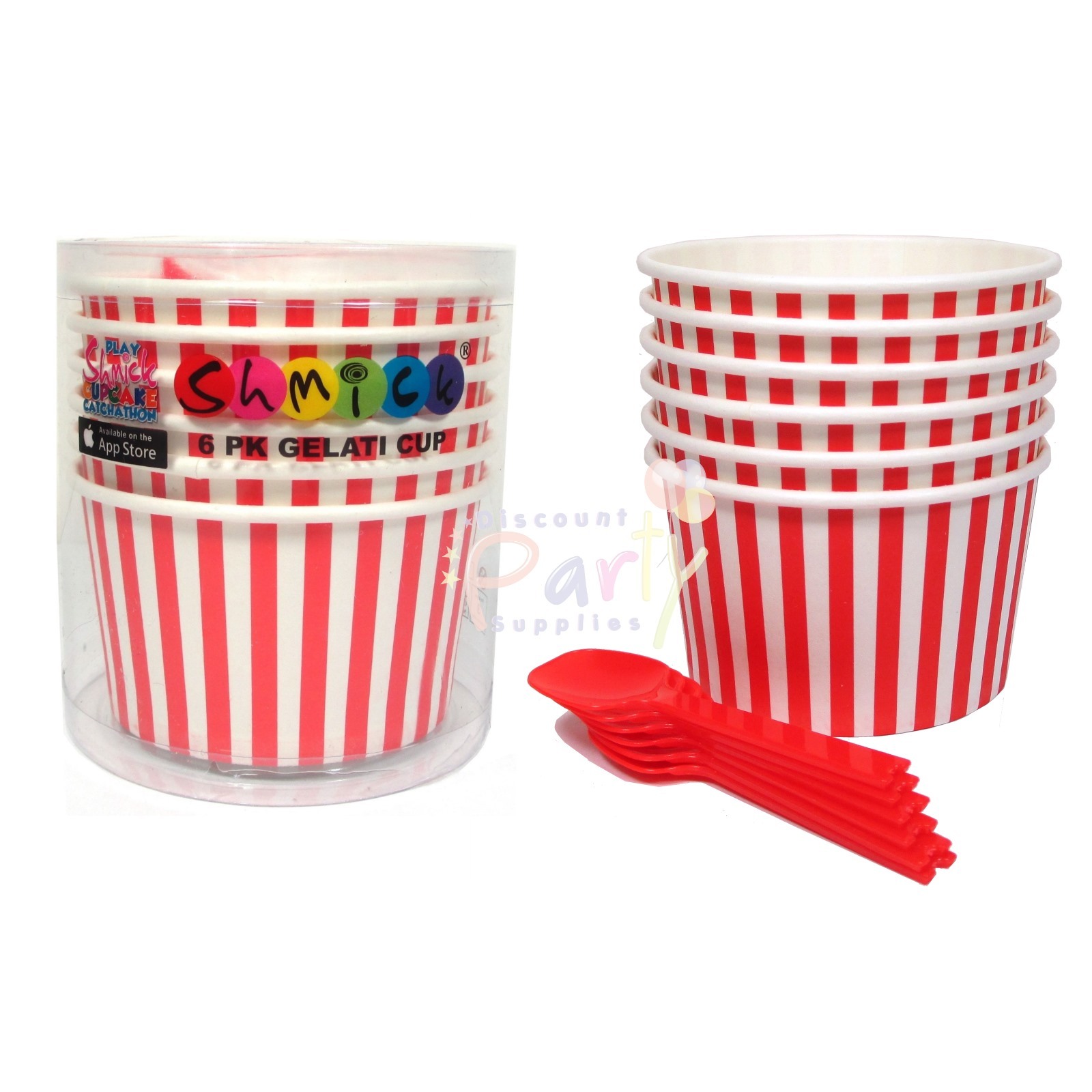 Red and White Stripe Snack Cups and Spoons (Set of 6)