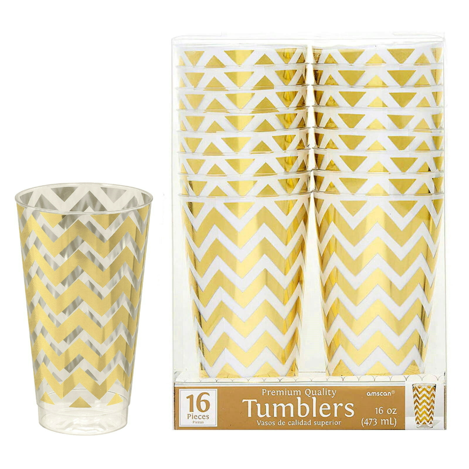Gold Chevron Plastic Tumbler Cups 473ML (Pack of 16)