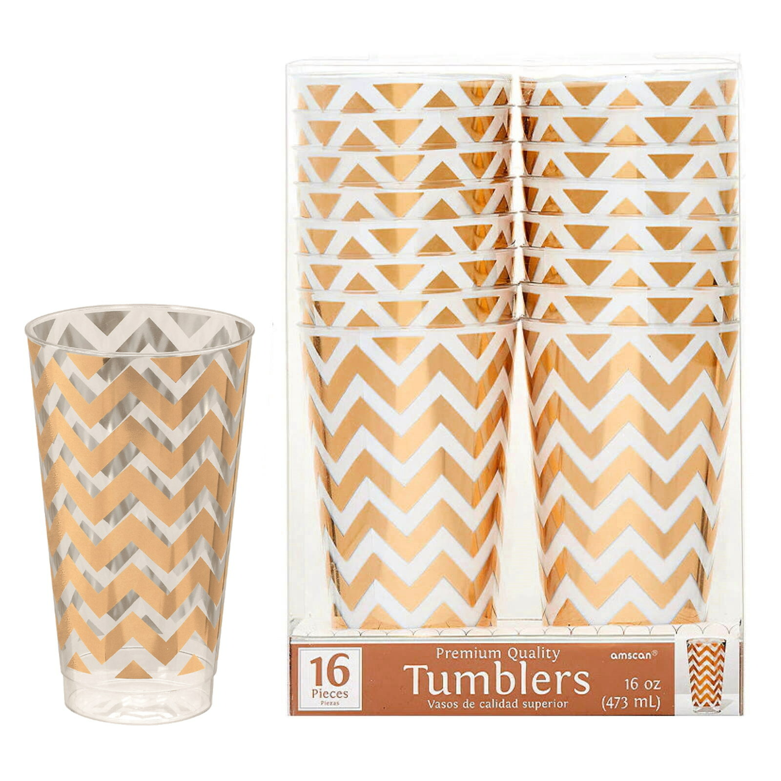 Rose Gold Chevron Plastic Tumbler Cups 473ML (Pack of 16)