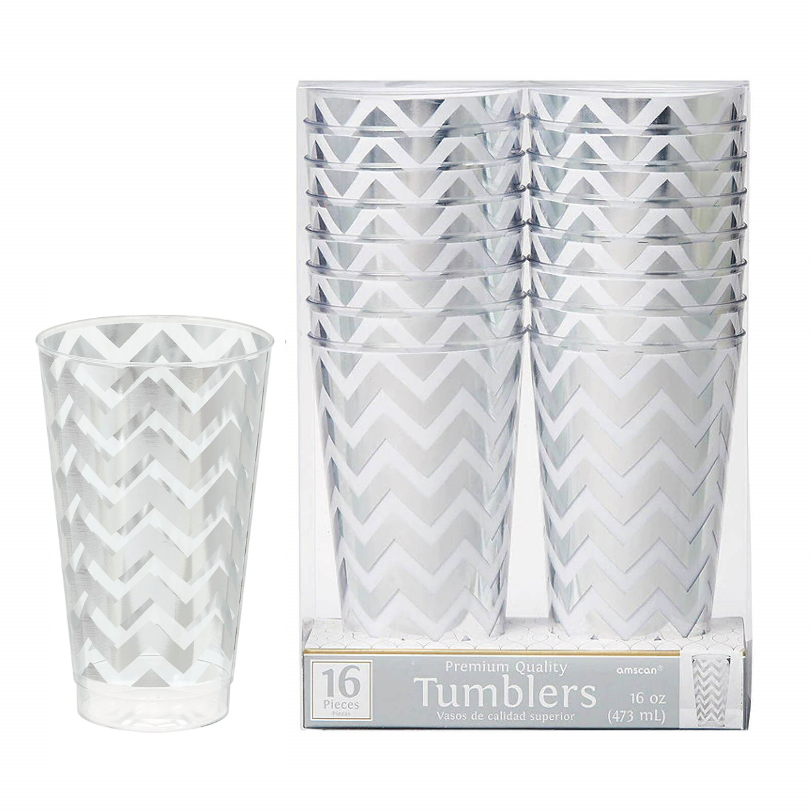 Silver Chevron Plastic Tumbler Cups 473ML (Pack of 16)
