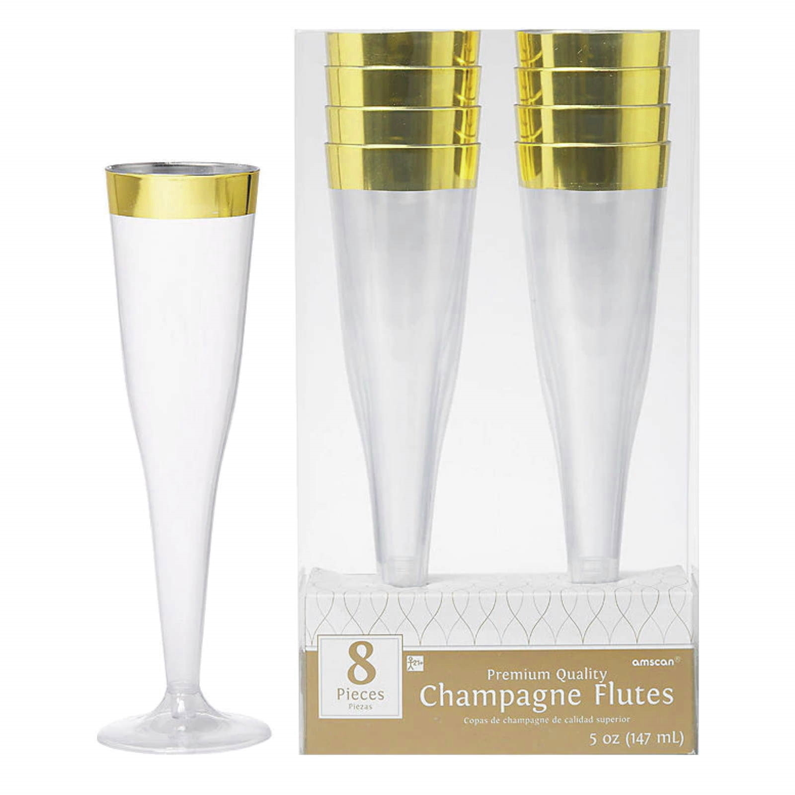 Gold Trim Plastic Champagne Glasses (Pack of 8)