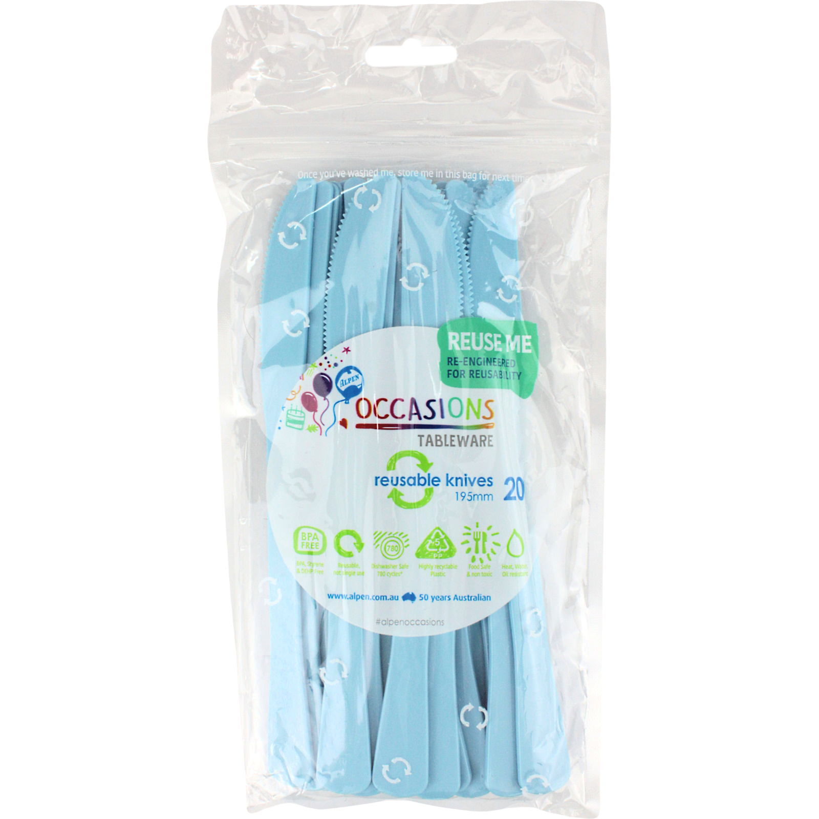 Ice Light Blue Reusable Plastic Knives (Pack of 20) Light Blue