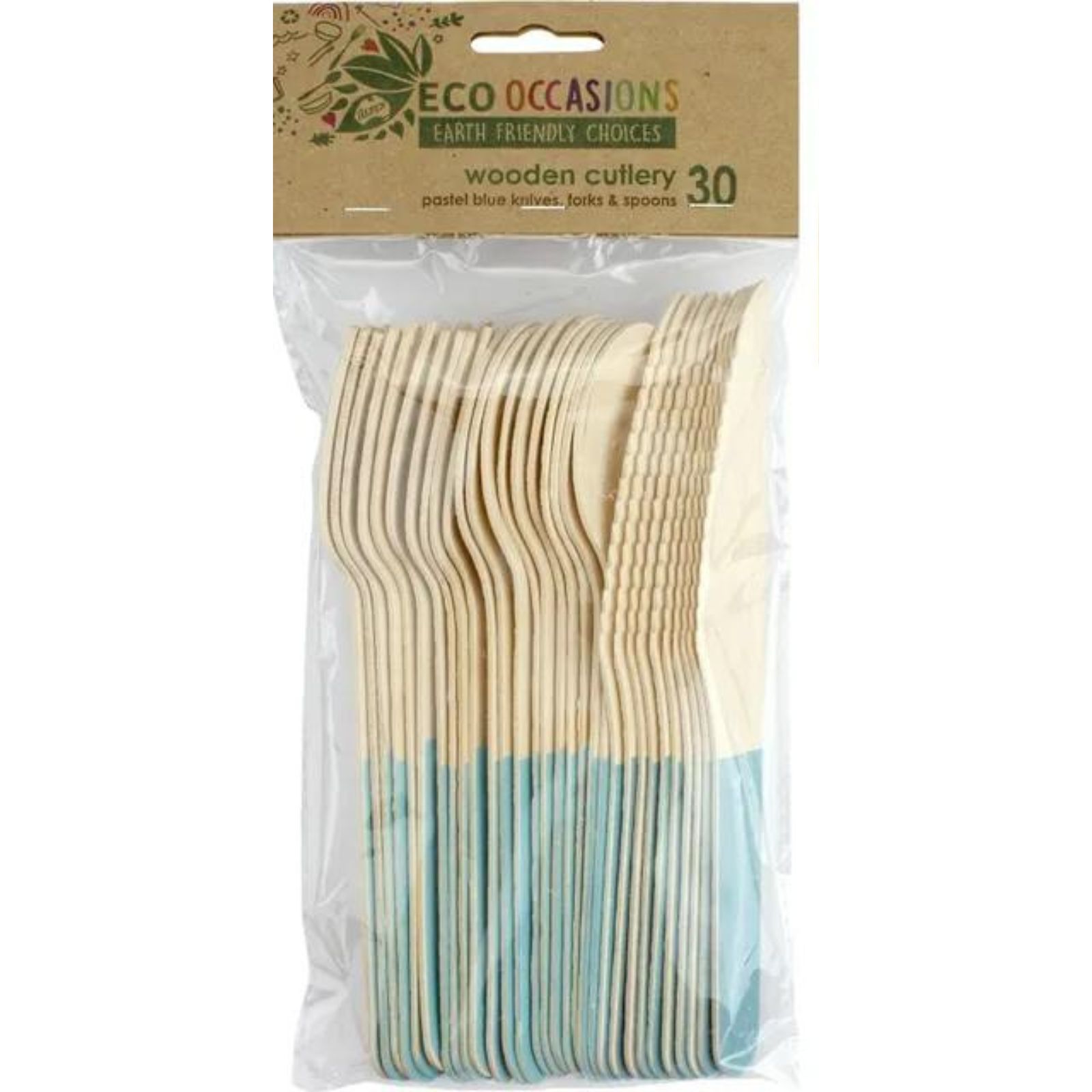 Wooden Dipped Cutlery Set Light Blue (30 Piece) Light Blue Coloured