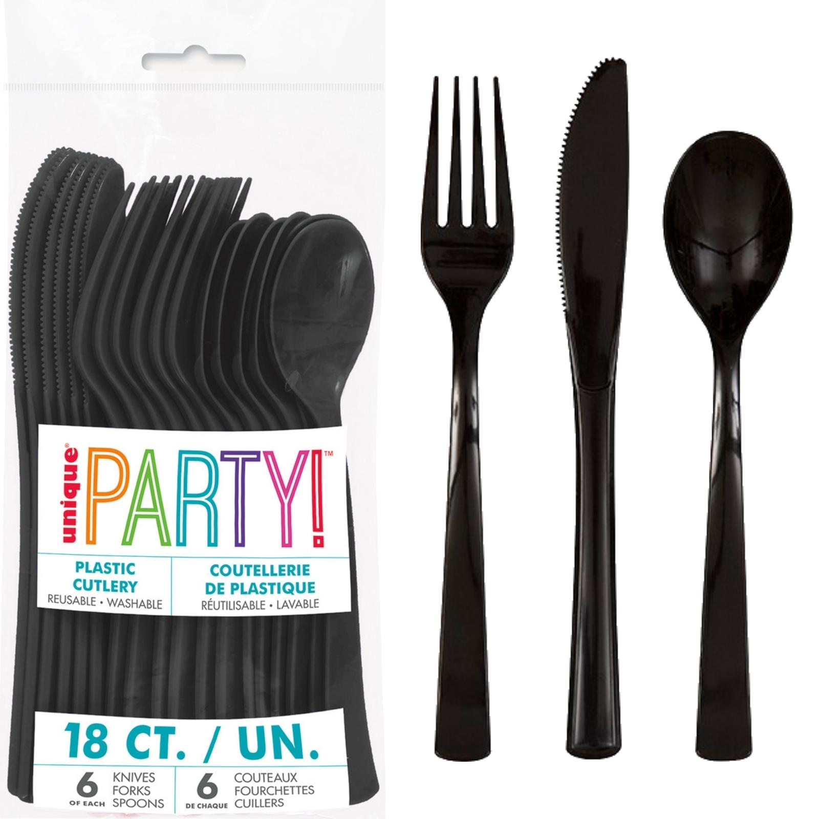 Black Reusable Plastic Cutlery (Pack of 18)