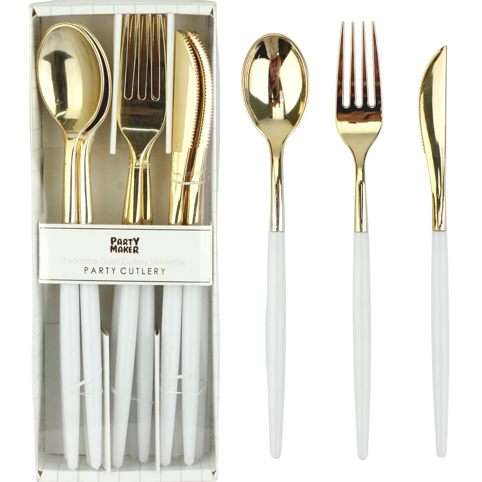 Two-Tone Gold & White Plastic Cutlery (Pack of 12)
