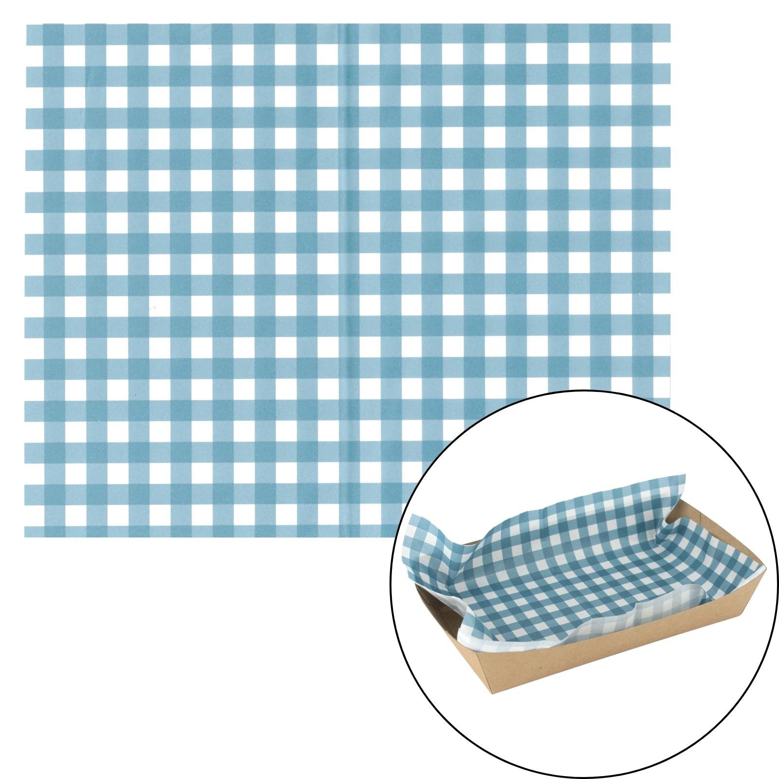 Blue Gingham Grease Proof Paper Plate / Tray Liners (8 Sheets)