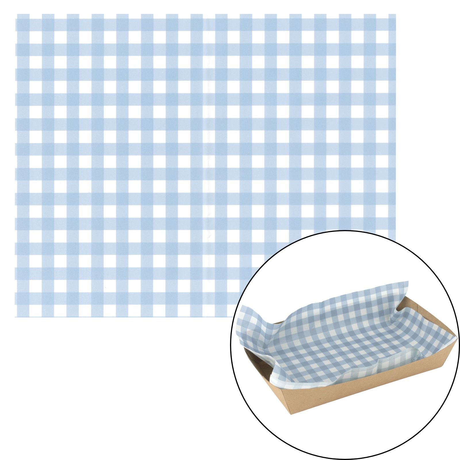 Blue Gingham Grease Proof Paper Plate / Tray Liners (8 Sheets)