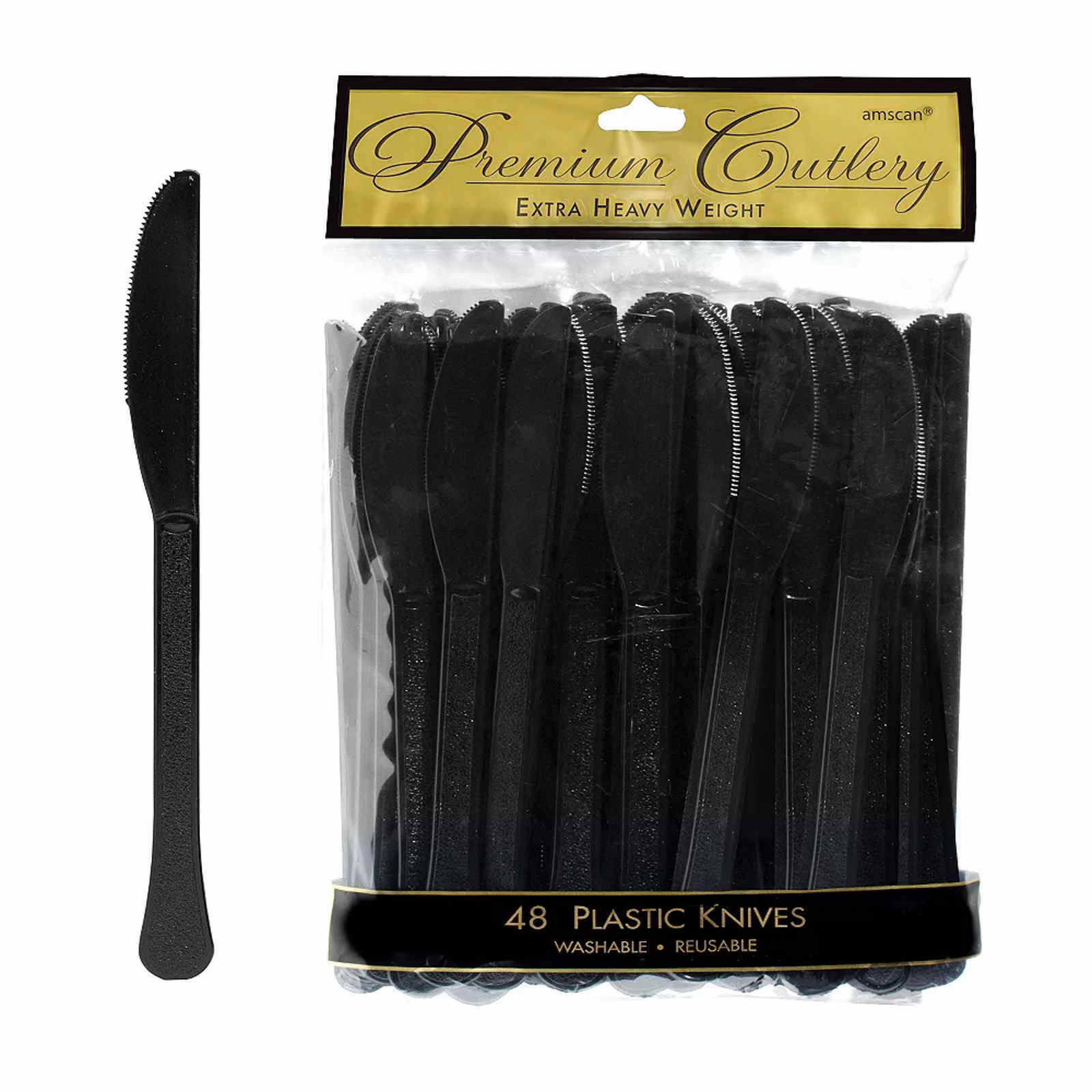 Black Premium Reusable Plastic Knives (Pack of 48)
