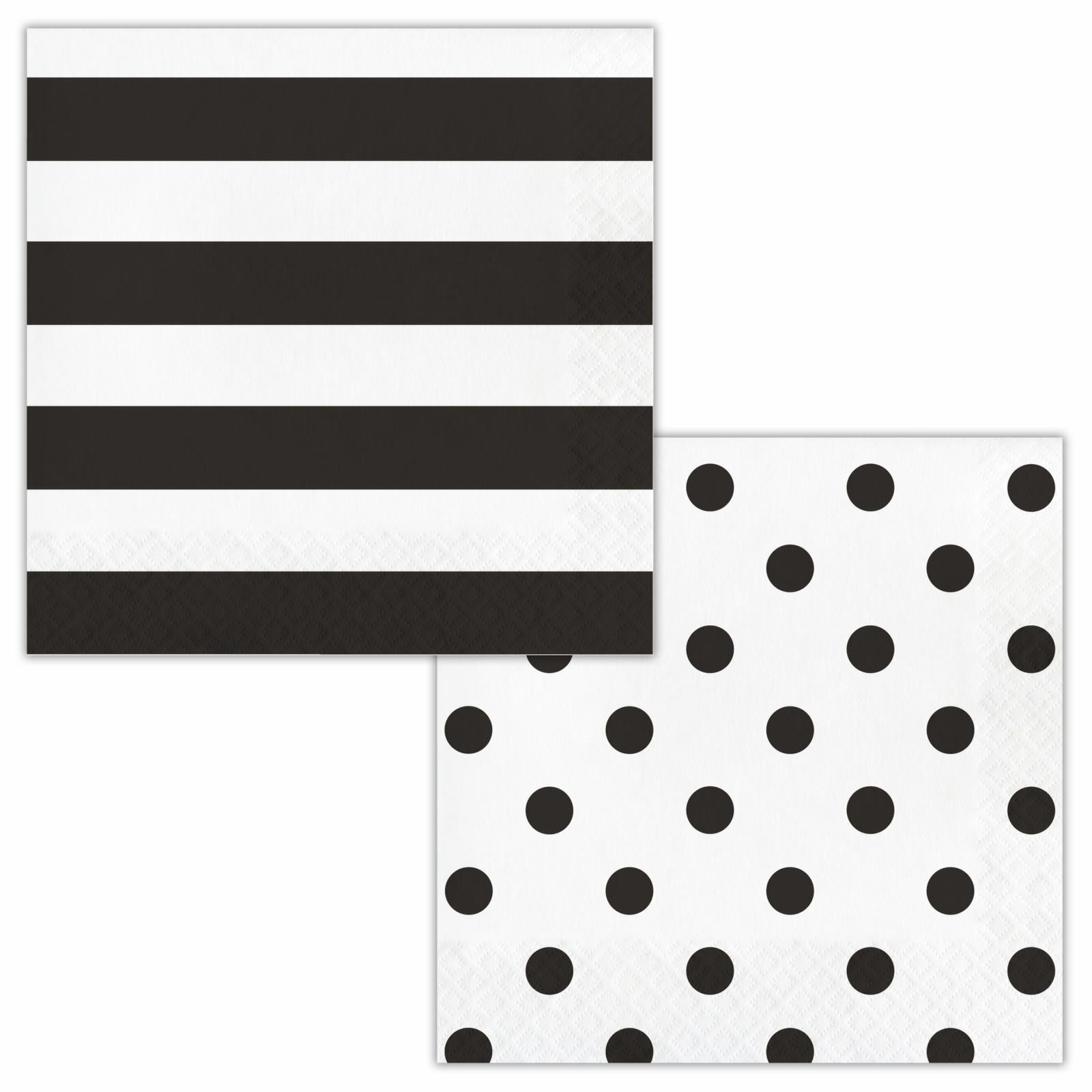 Black Polka Dot and Striped Large Napkins / Serviettes (Pack of 16)