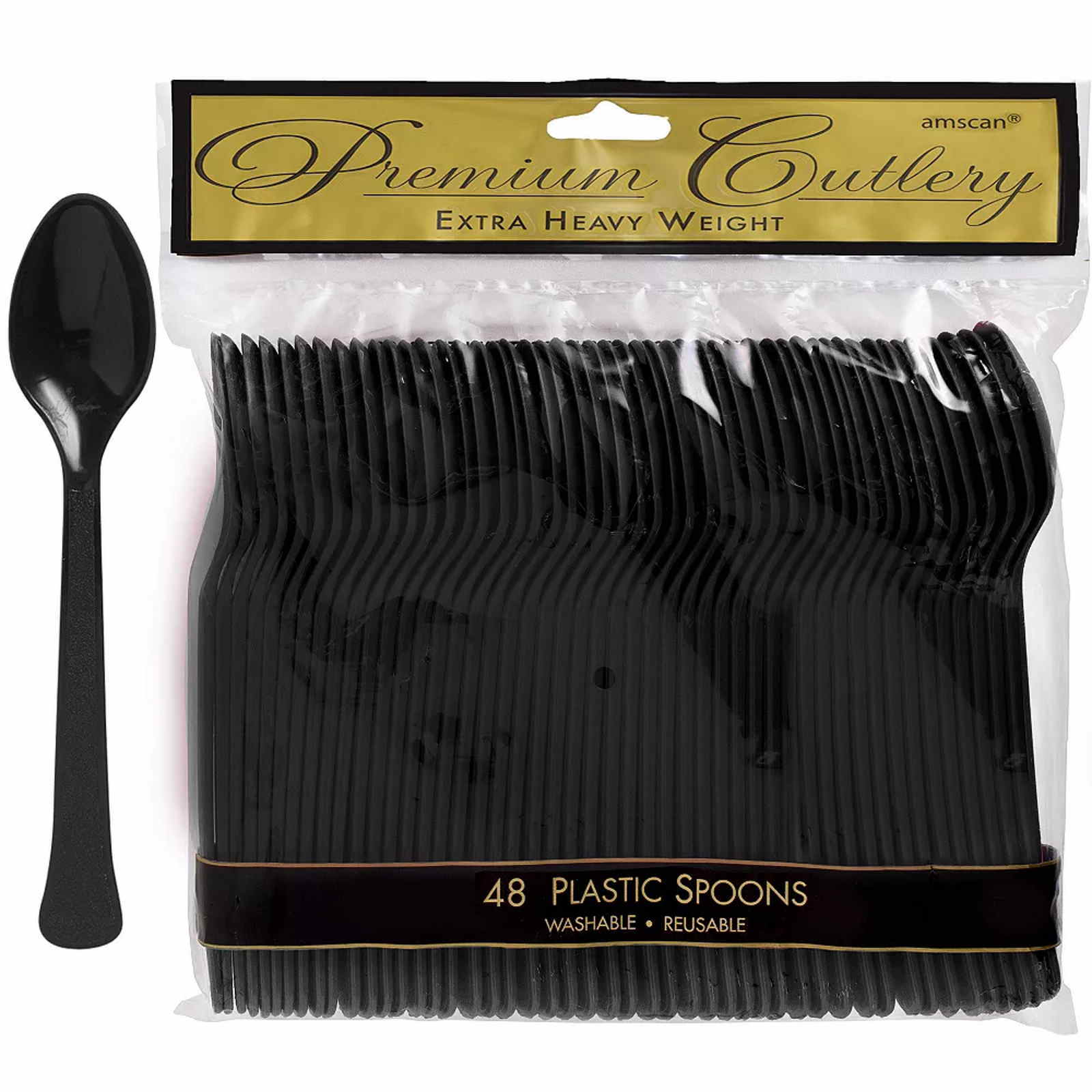 Black Premium Reusable Plastic Spoons (Pack of 48)