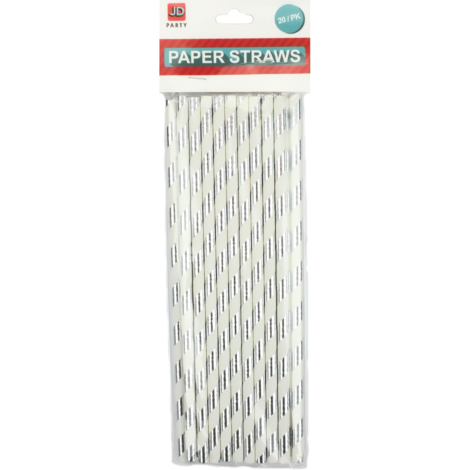 Metallic Silver and White Striped Paper Straws (Pack of 20)