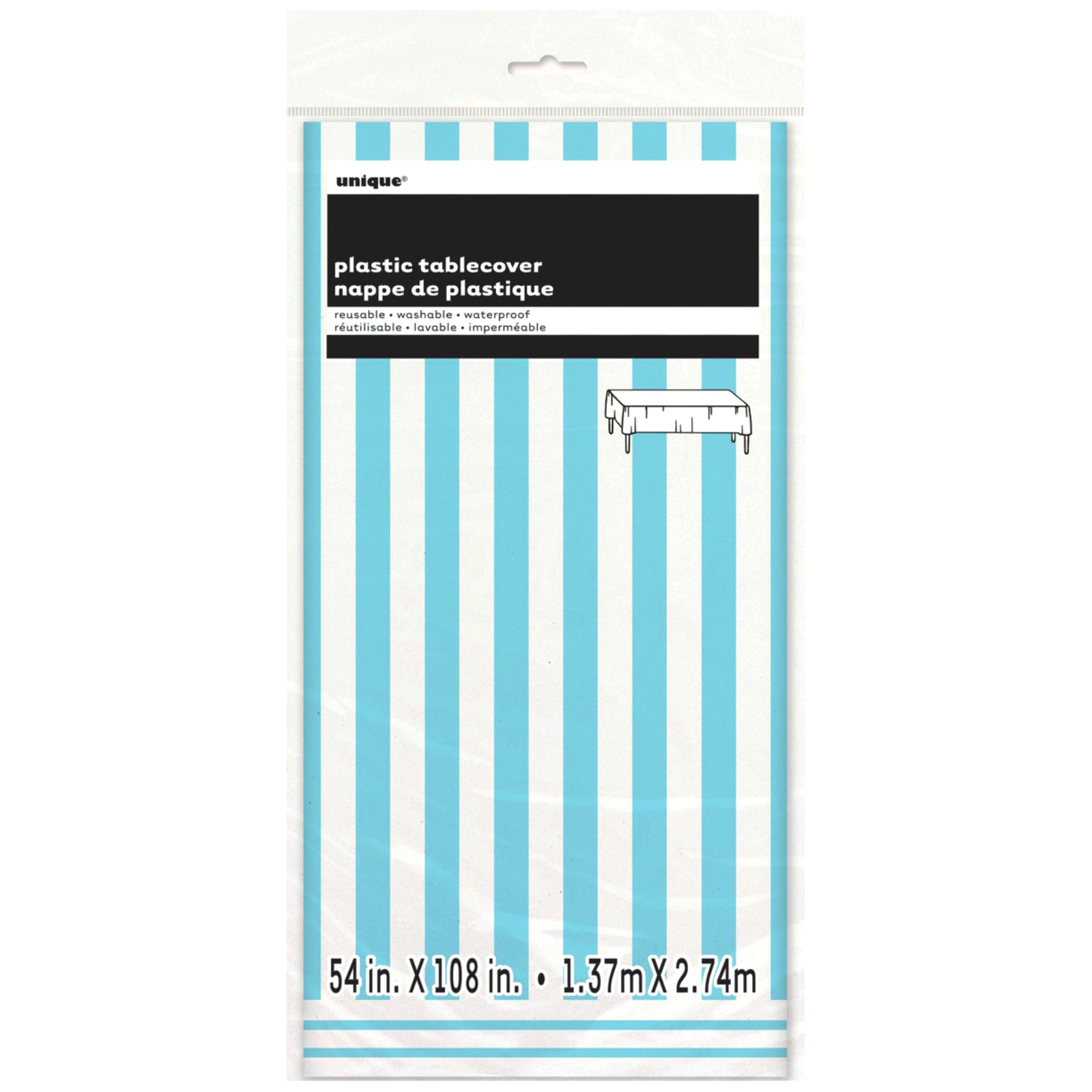 Powder Blue and White Striped Plastic Tablecloth