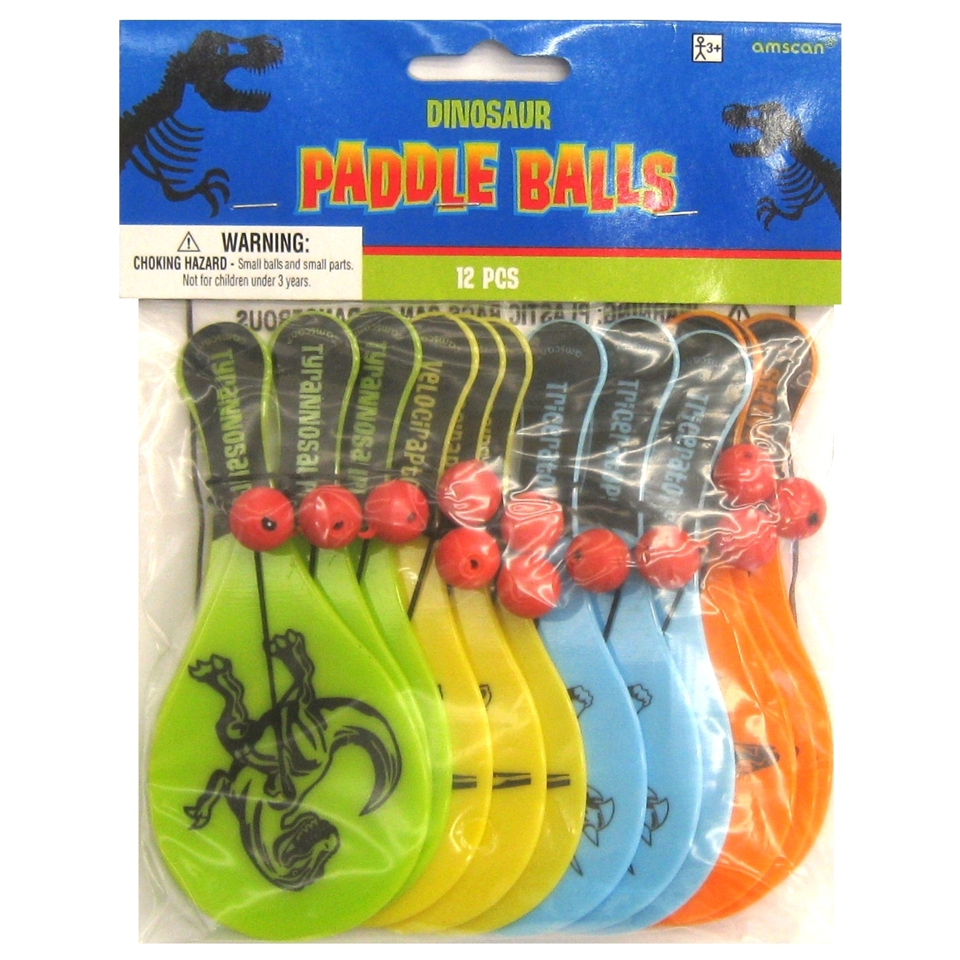 Dinosaur Prehistoric Party Mini Paddleball Toys (Pack 12)