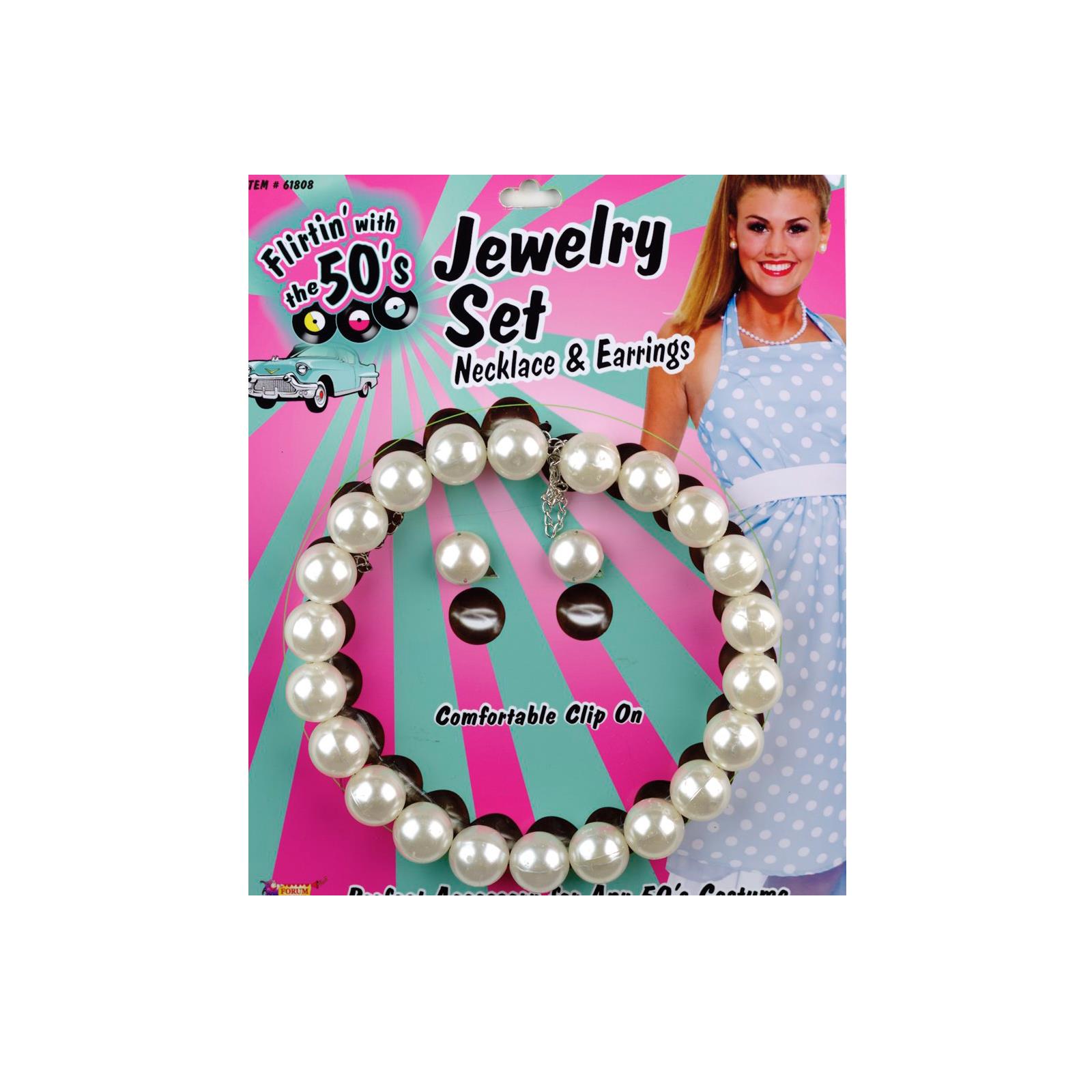50's Pearl Necklace and Earrings Set Adult Costume Accessory