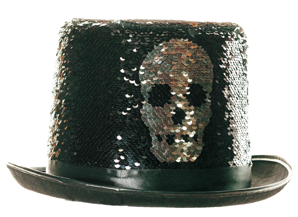 Reversible Silver Sequin Skull Adult Top Hat