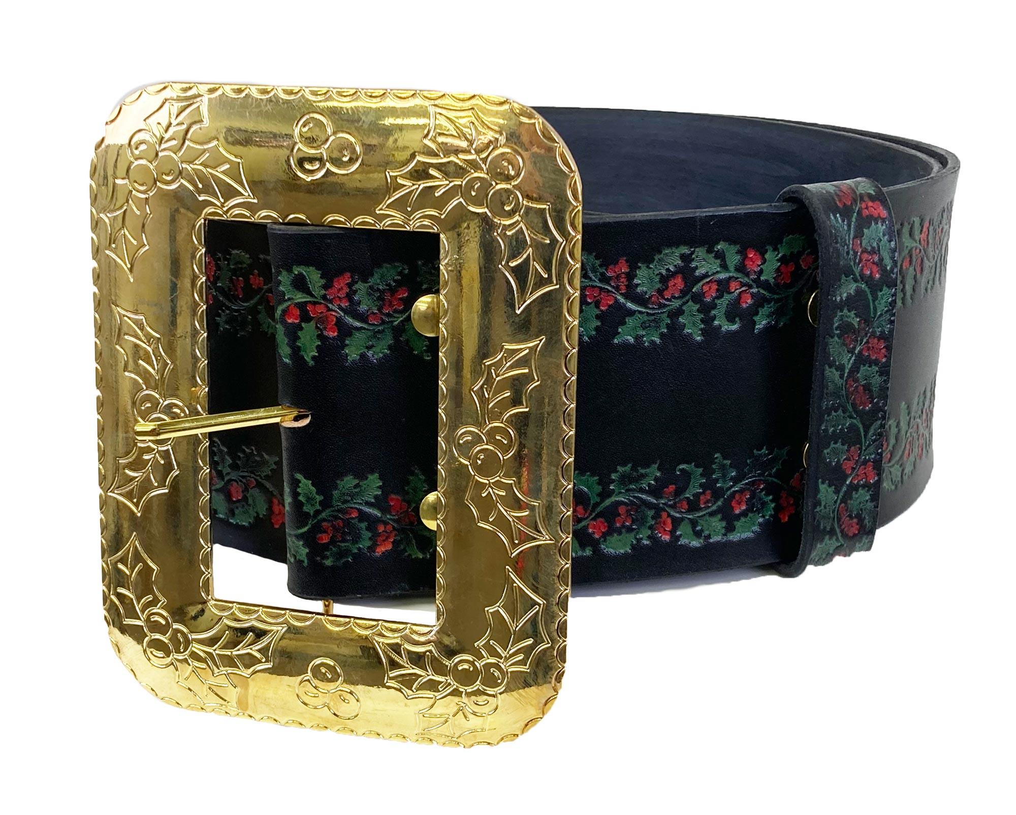 Embossed Leather Holly Santa Belt Adult Costume Accessory