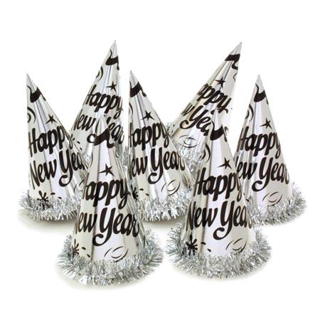 New Year's Silver Foil Cone Hat With Tinsel