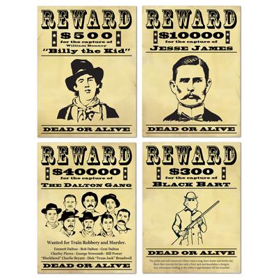 Western Wanted Reward Sign Cutouts Pack of 4
