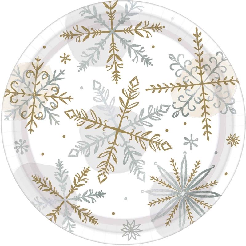 Shining Snowflakes 17cm Round Paper Lunch Plates Pack of 8