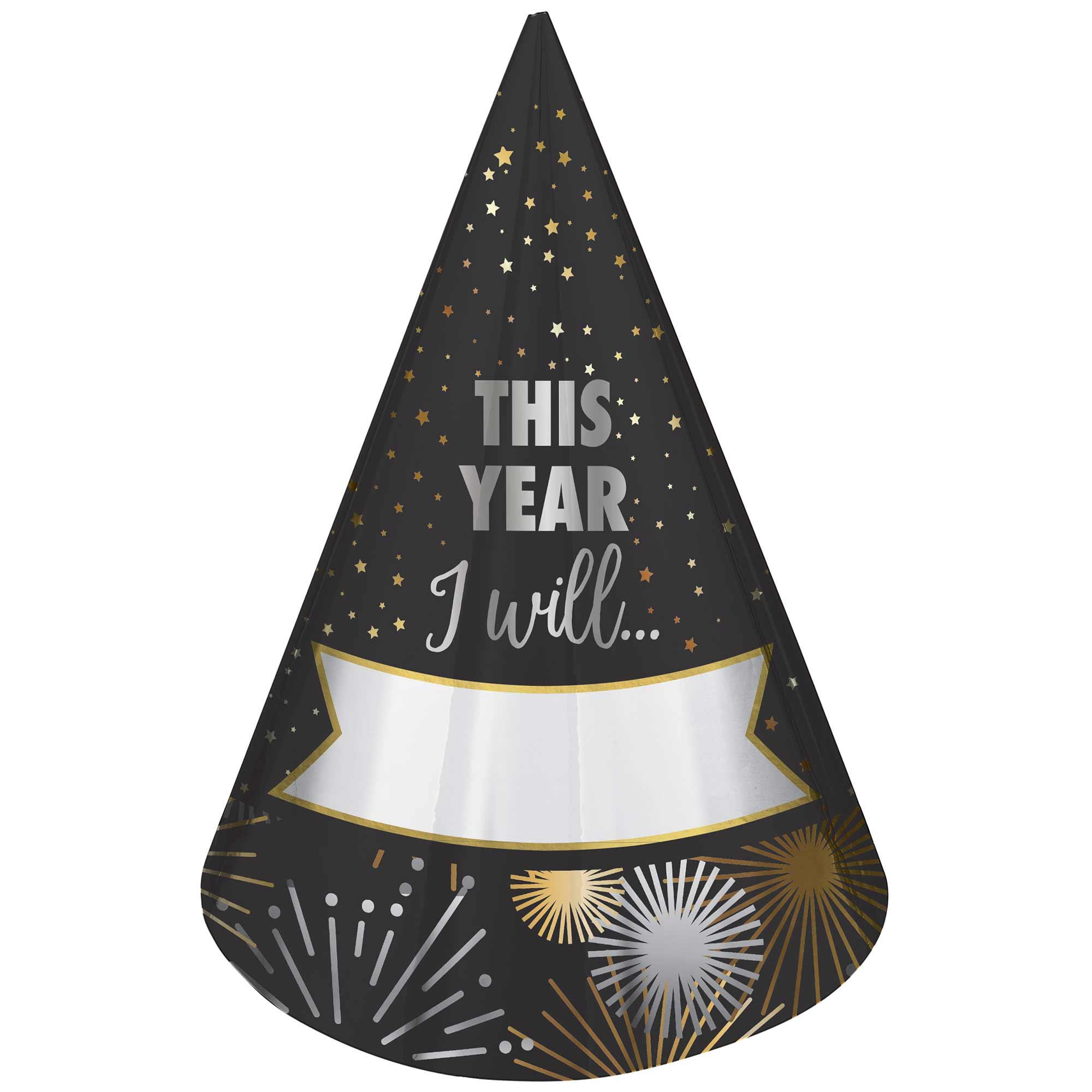 New Year's Eve Resolution Fill In Cone Adult Hats Pack of 8
