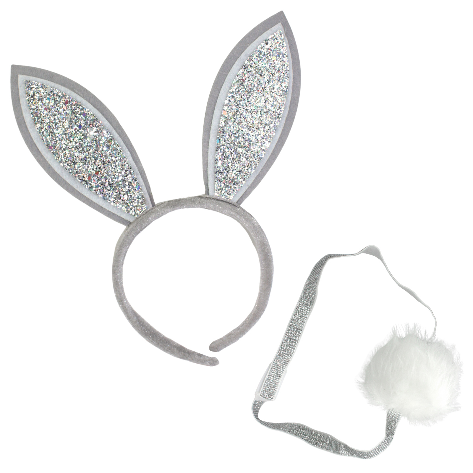 Kids Silver Glitter Bunny Ears and Tail Costume Set