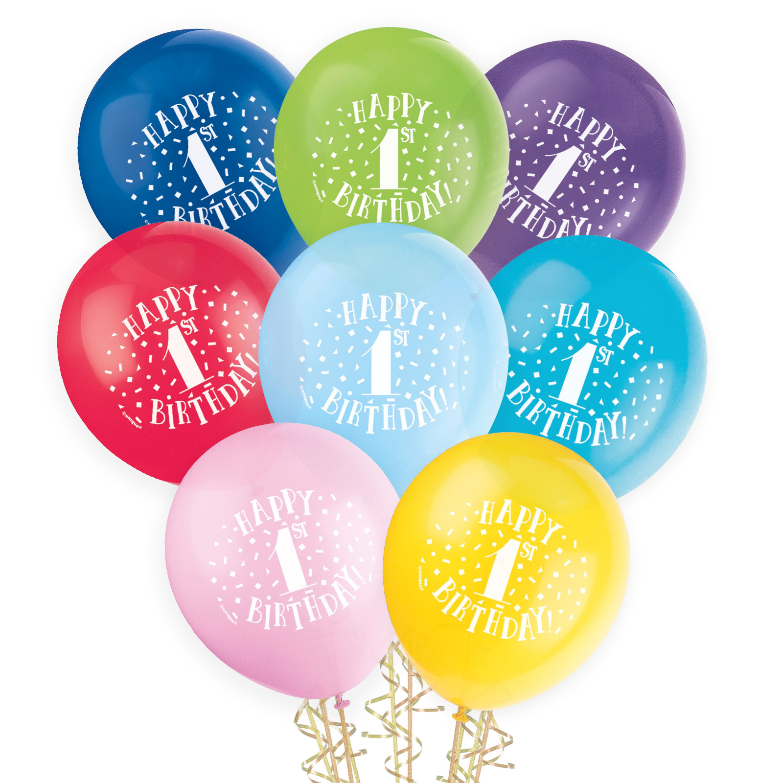 1st Birthday Coloured Balloons 30cm (Pack of 8)