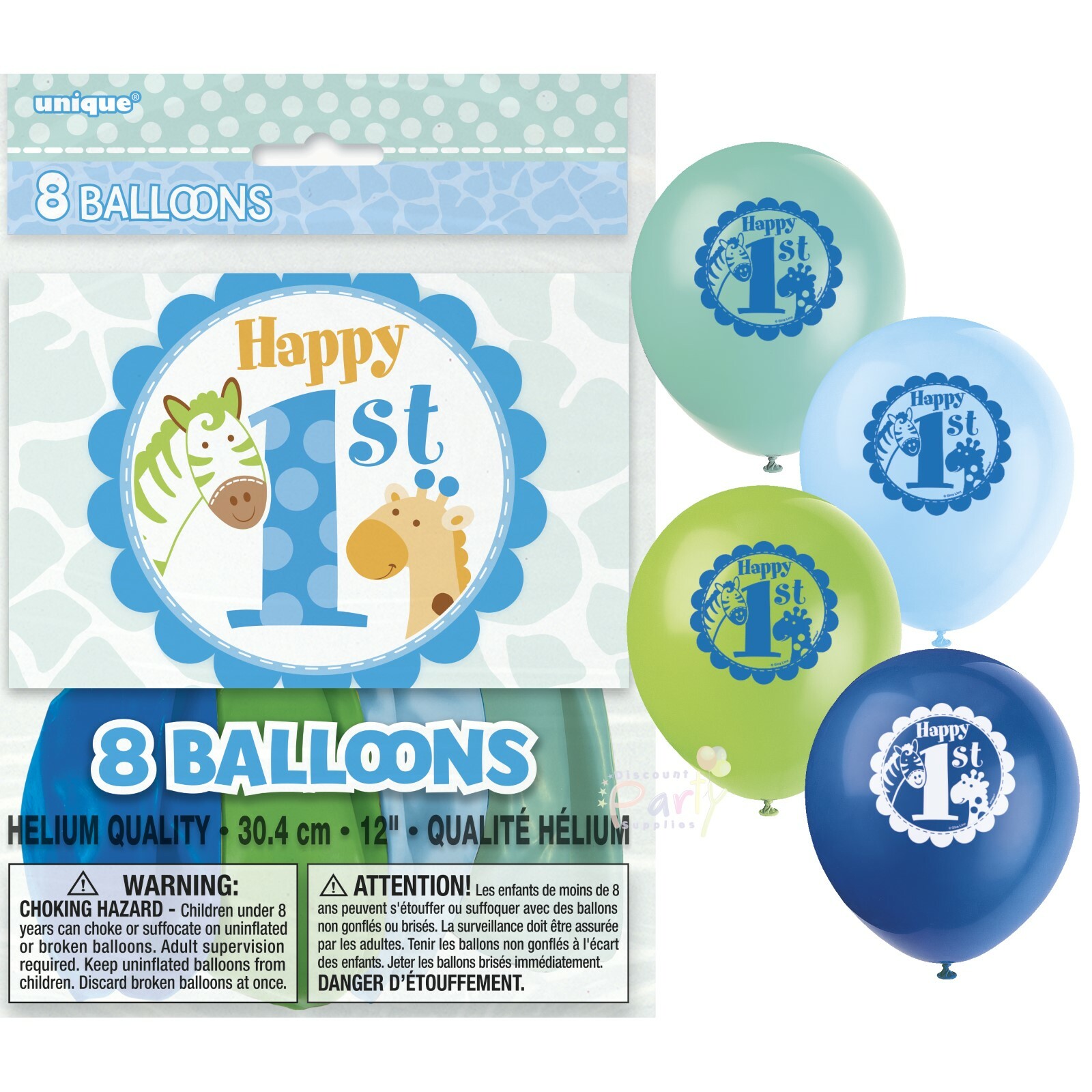 Blue Safari 1st Birthday Balloons (Pack of 8)