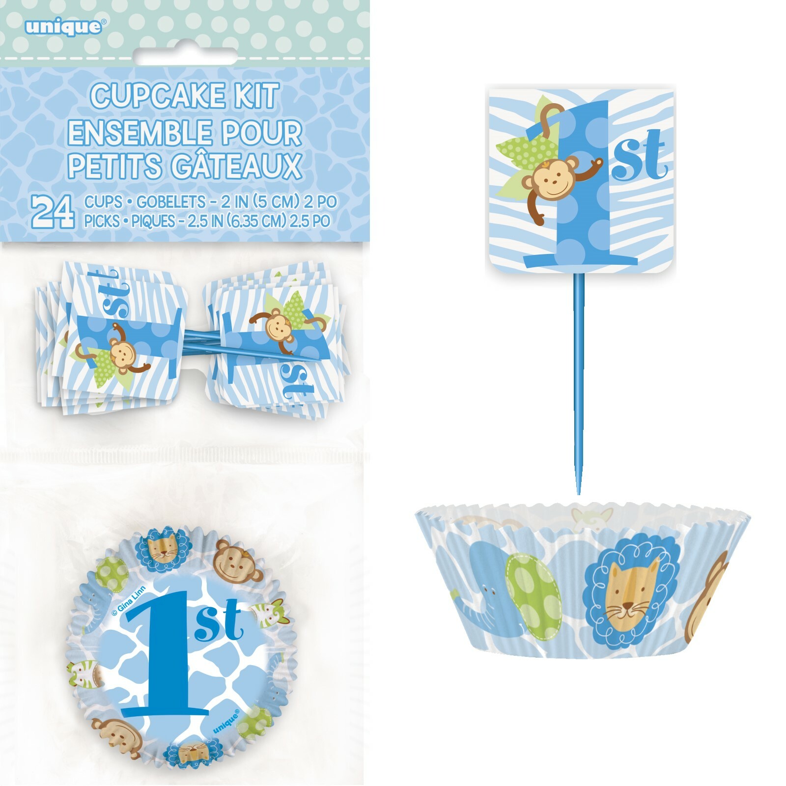 Blue Safari 1st Birthday Cupcake Kit (Pack of 24)
