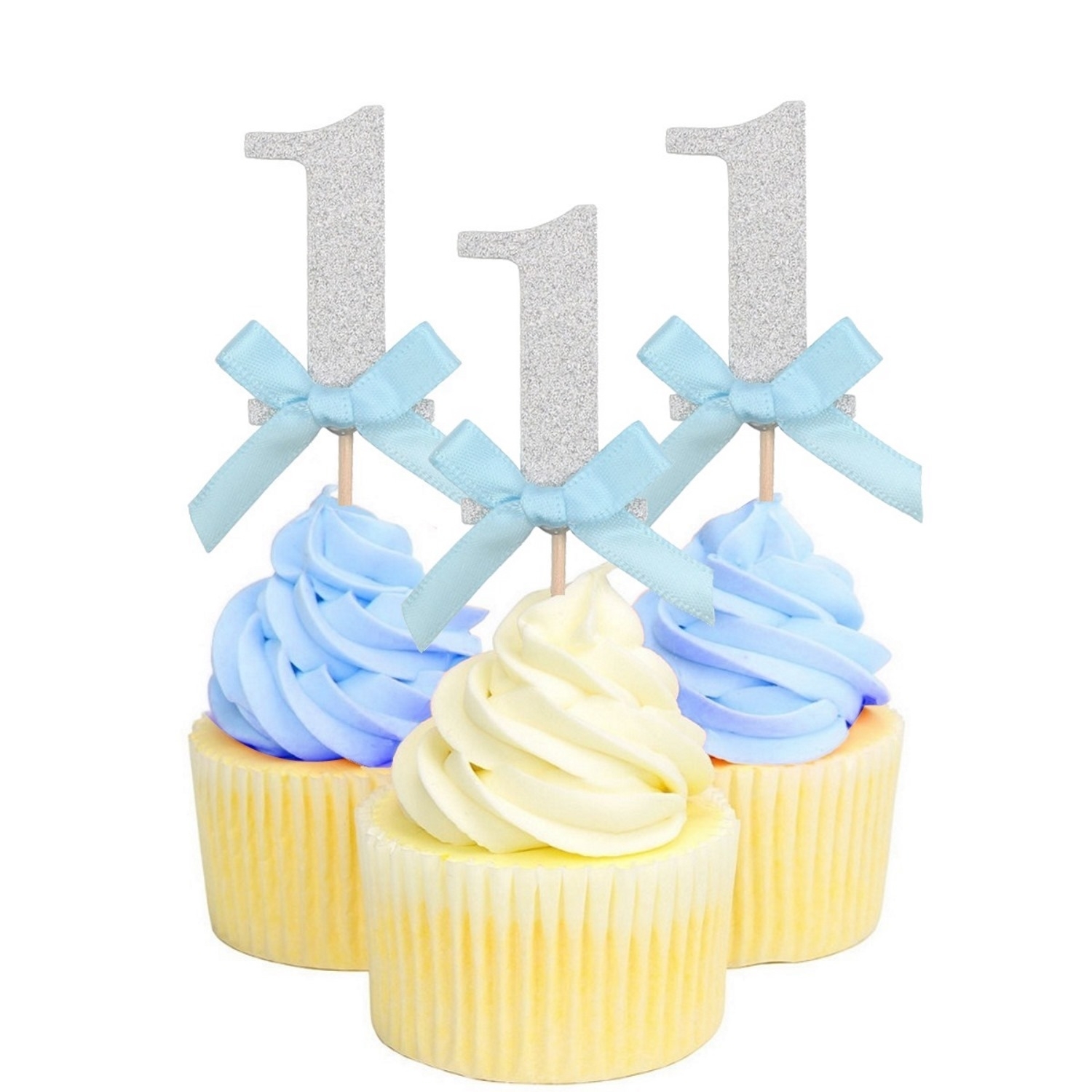 Boys 1st Birthday Silver Glitter Cupcake Picks (Pack of 10)