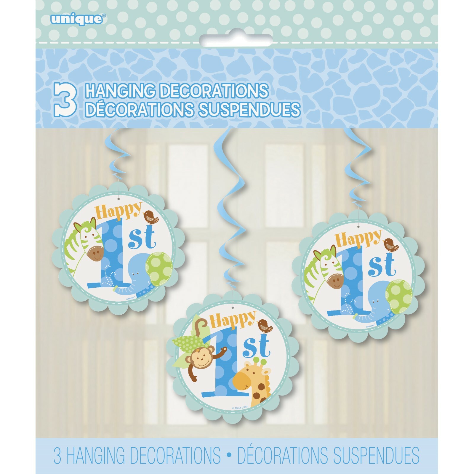 Blue Safari 1st Birthday Swirl Decorations (Pack of 3)
