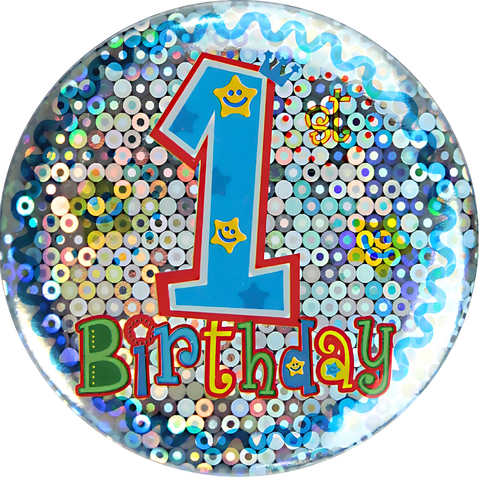 Sparkling Happy 1st Birthday Boy Blue Holographic Badge
