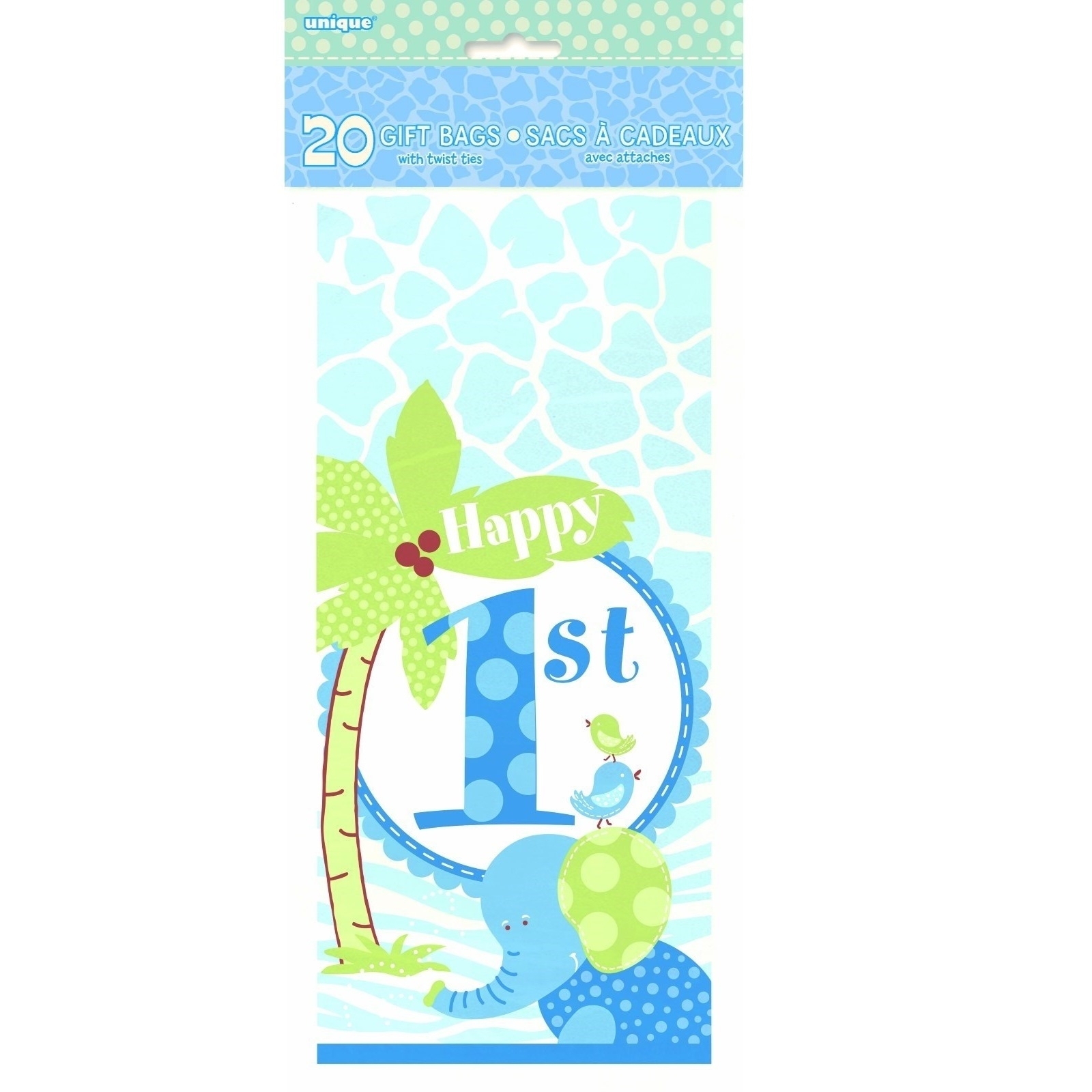 Blue Safari 1st Birthday Plastic Party Bags (Pack of 20)