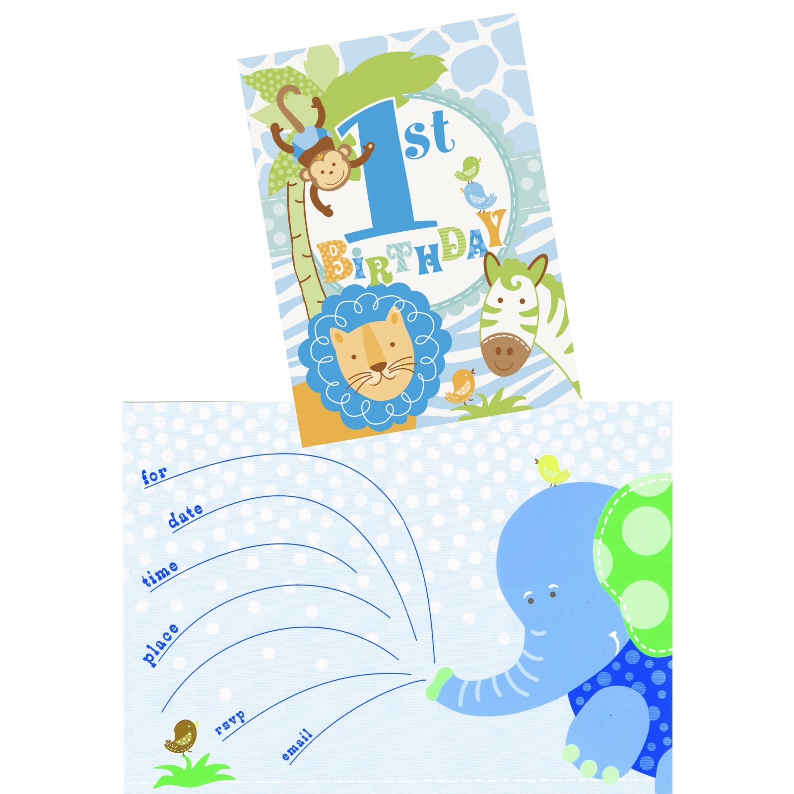 Blue Safari 1st Birthday Party Invitations (Pack of 8)