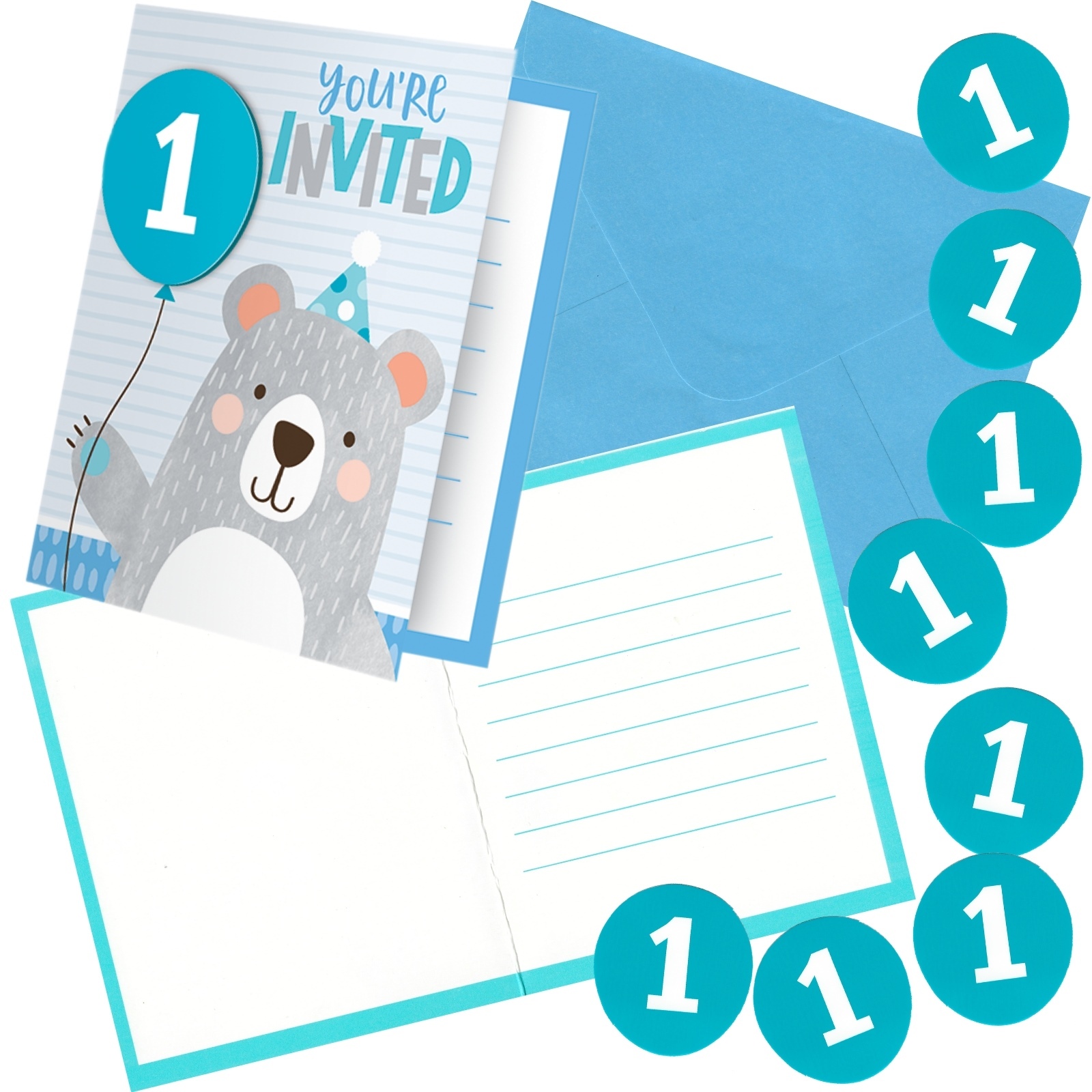 1st Birthday Bear Invitation Set (Pack of 8)