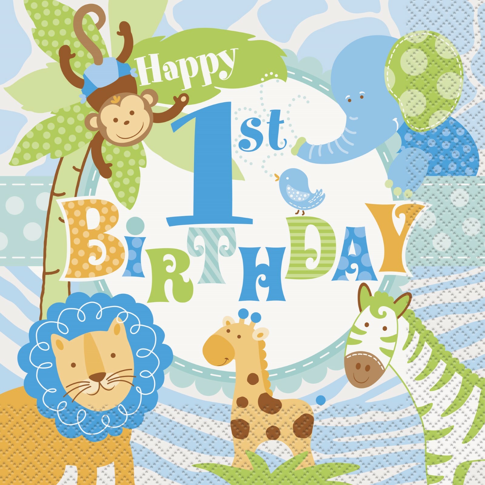 Blue Safari 1st Birthday Large Napkins / Serviettes (Pack of 20)