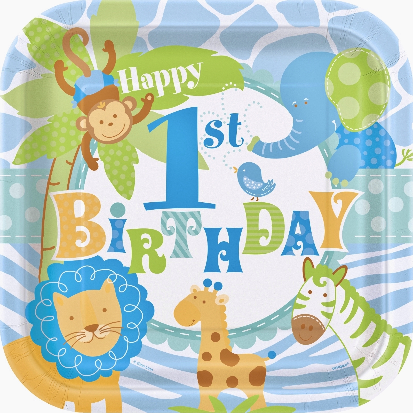 Blue Safari 1st Birthday Large Paper Plates (Pack of 8)