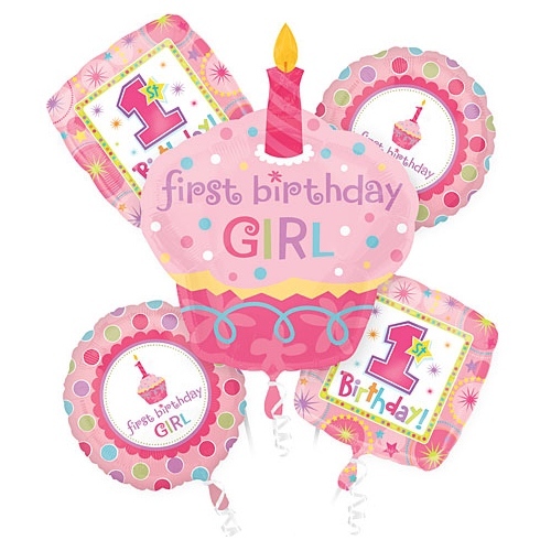 Girls 1st Birthday Cupcake Helium Balloon Bouquet